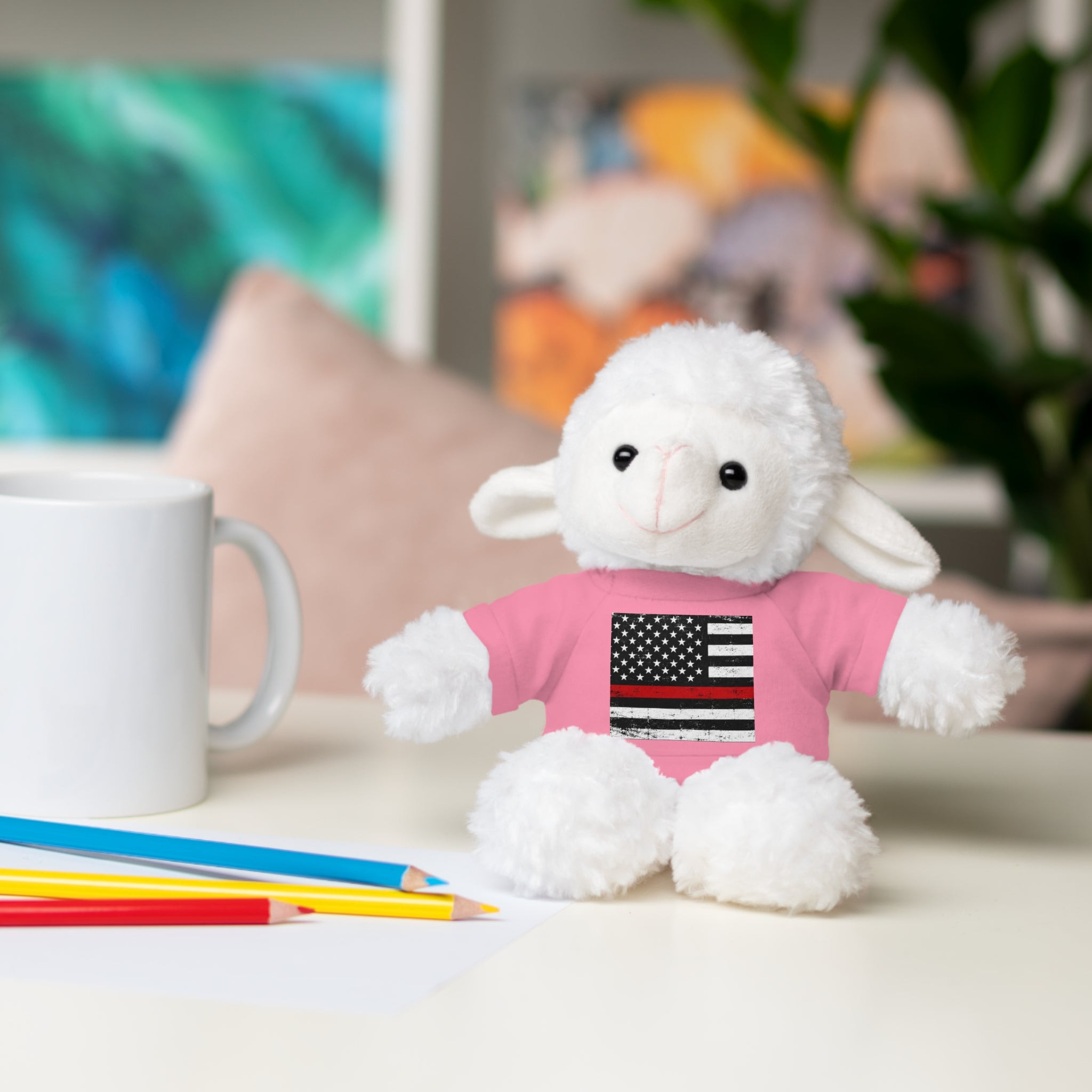 Kids Stuffed Animal with Thin Red line flag Tee