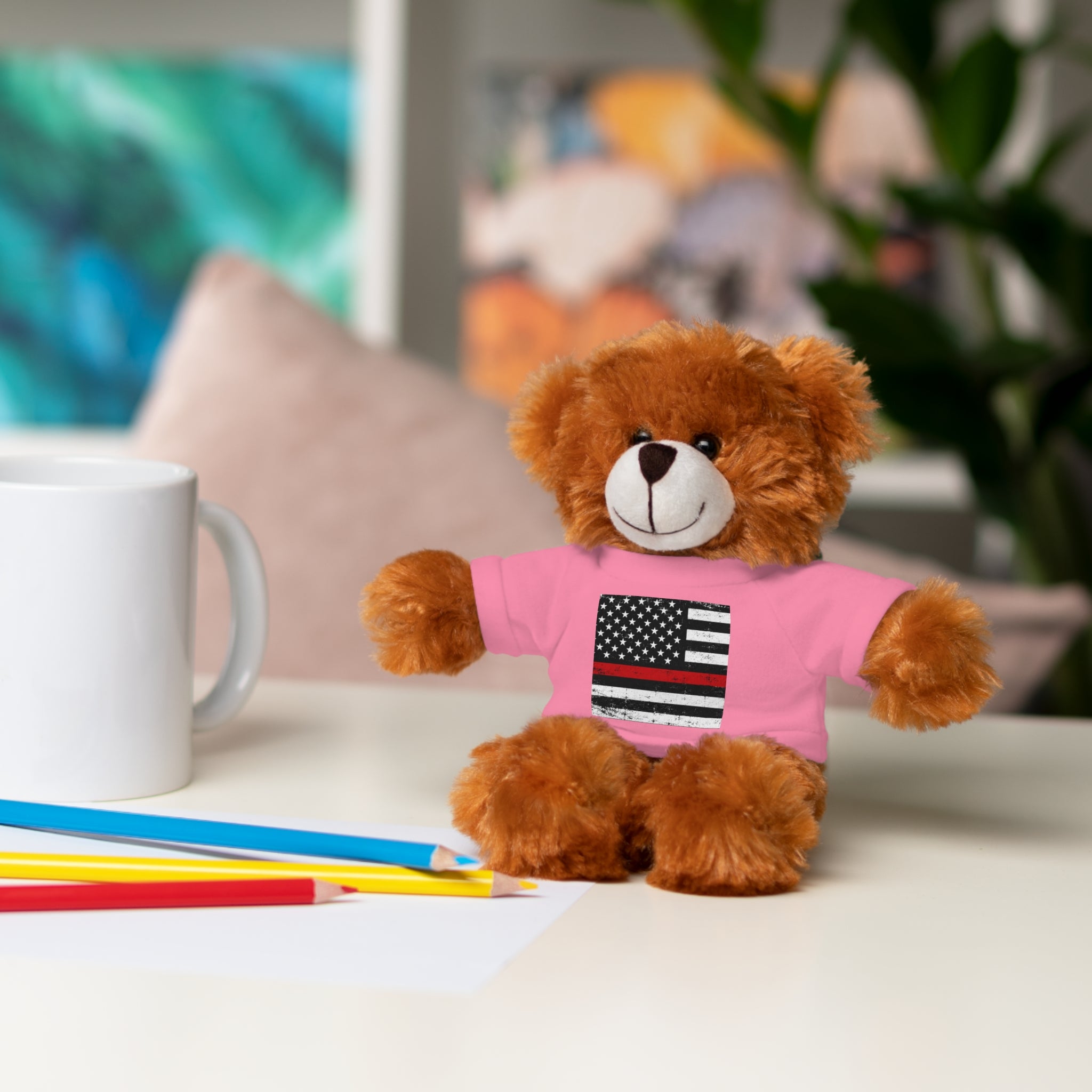 Kids Stuffed Animal with Thin Red line flag Tee