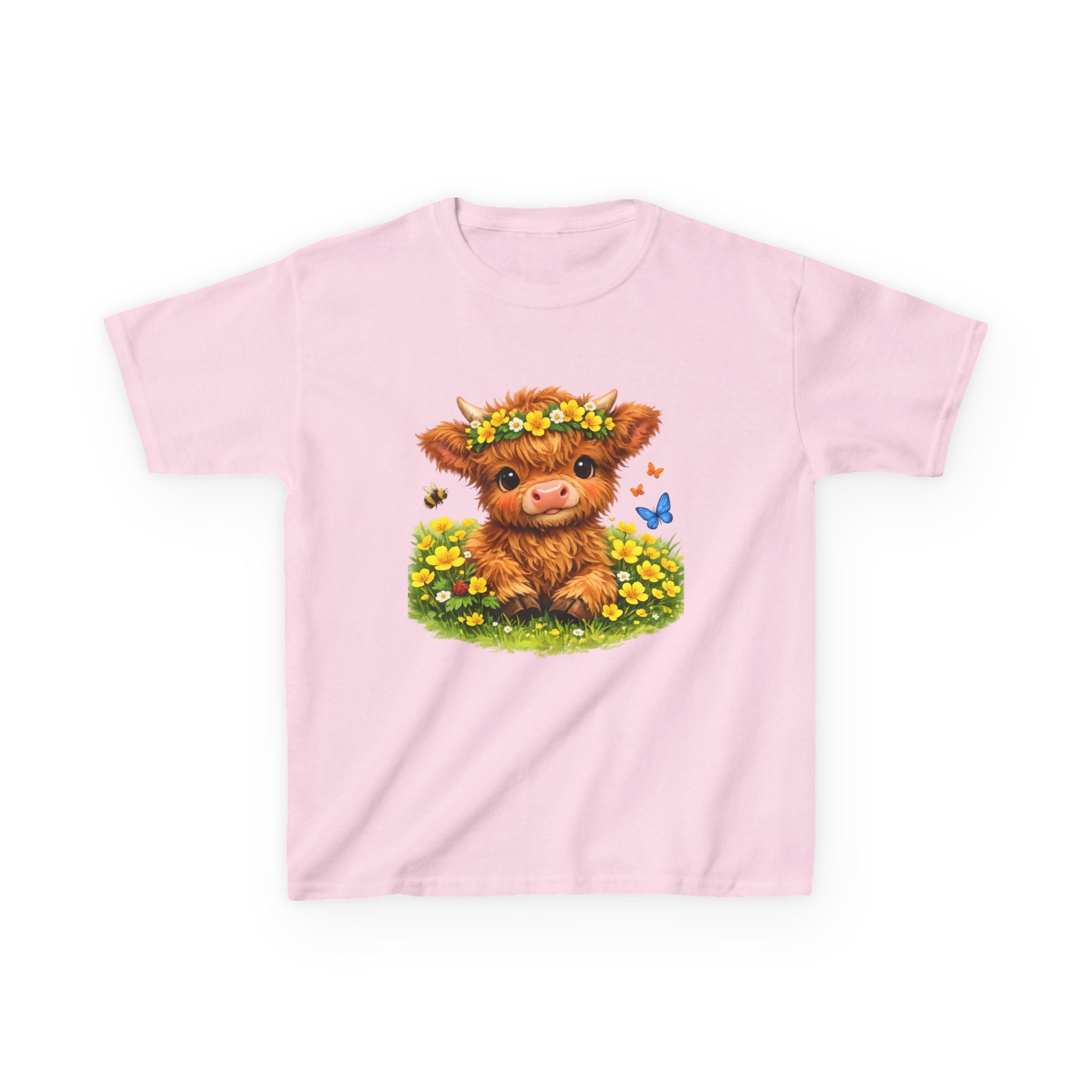 Cute Highland Calf Kids T‑Shirt — Floral Crown, Butterflies & Sunshine Tee