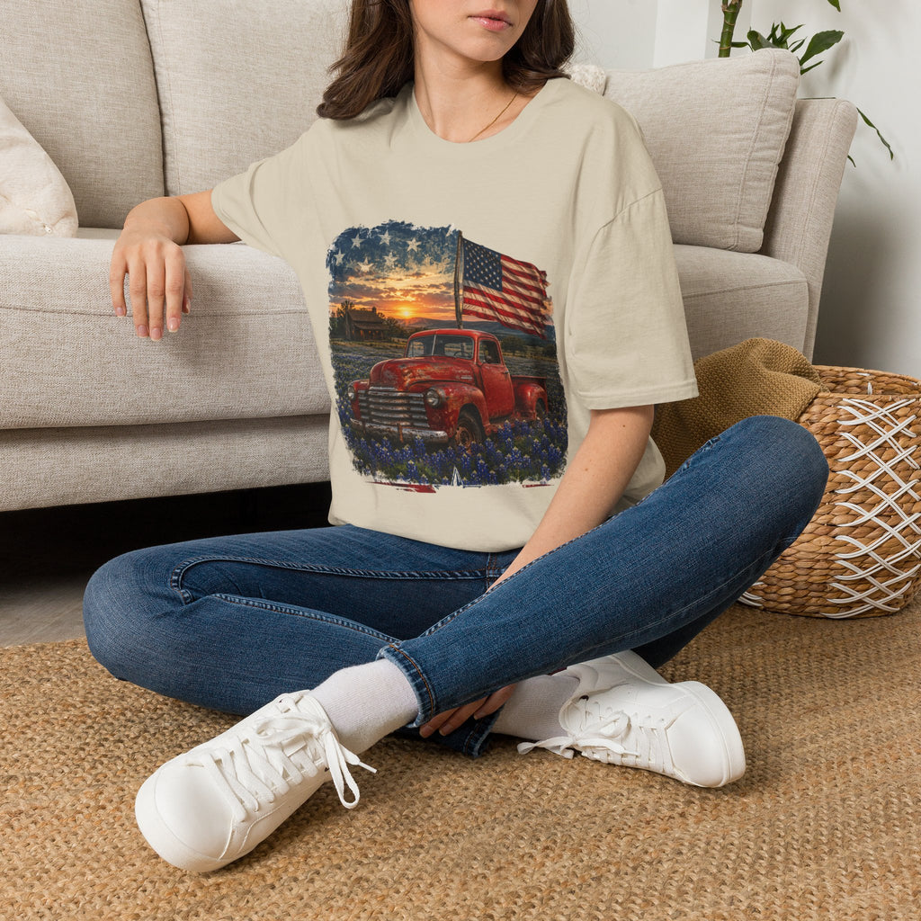 American Vintage Truck T-Shirt — Flag Sunset Patriotic Tee