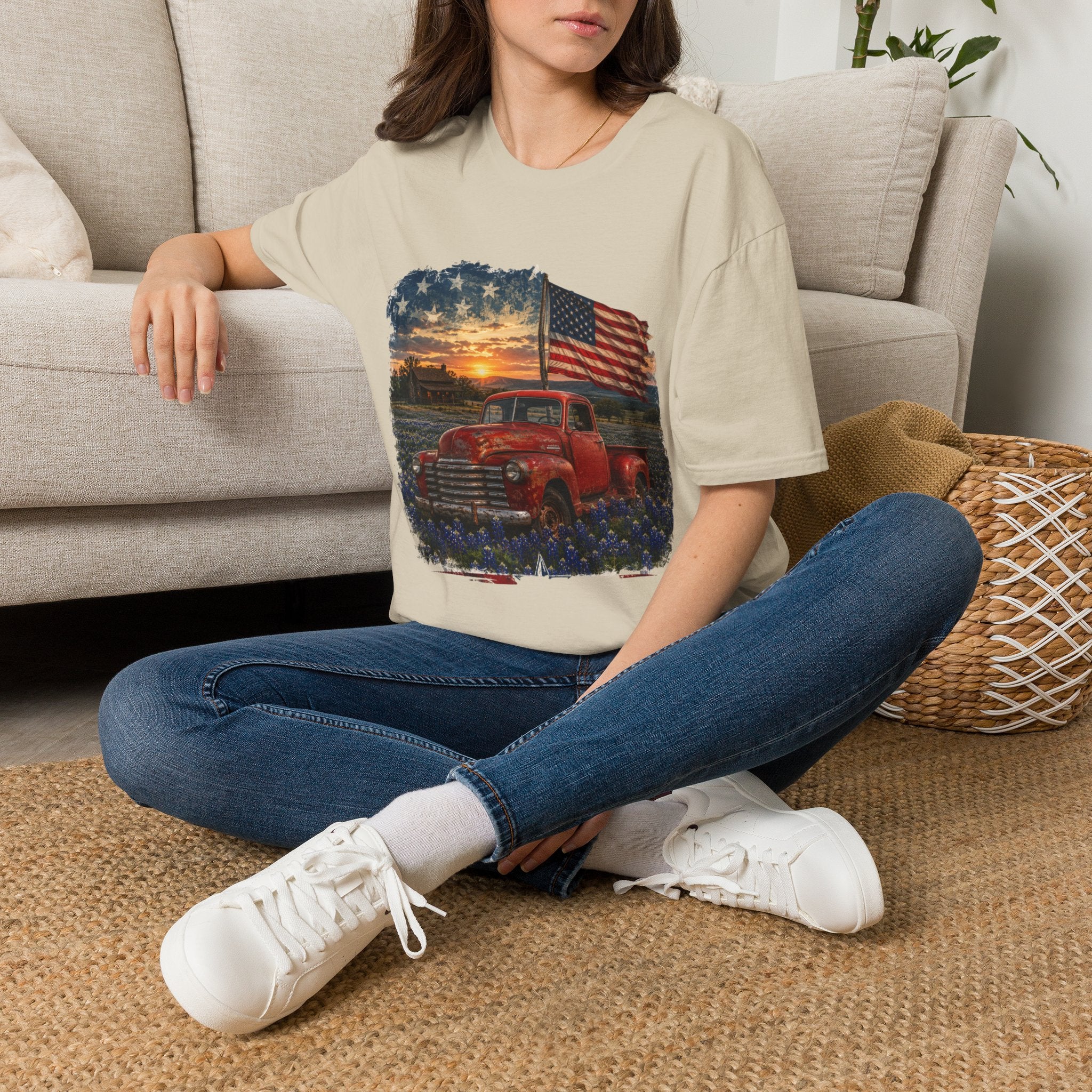 American Vintage Truck T-Shirt — Flag Sunset Patriotic Tee