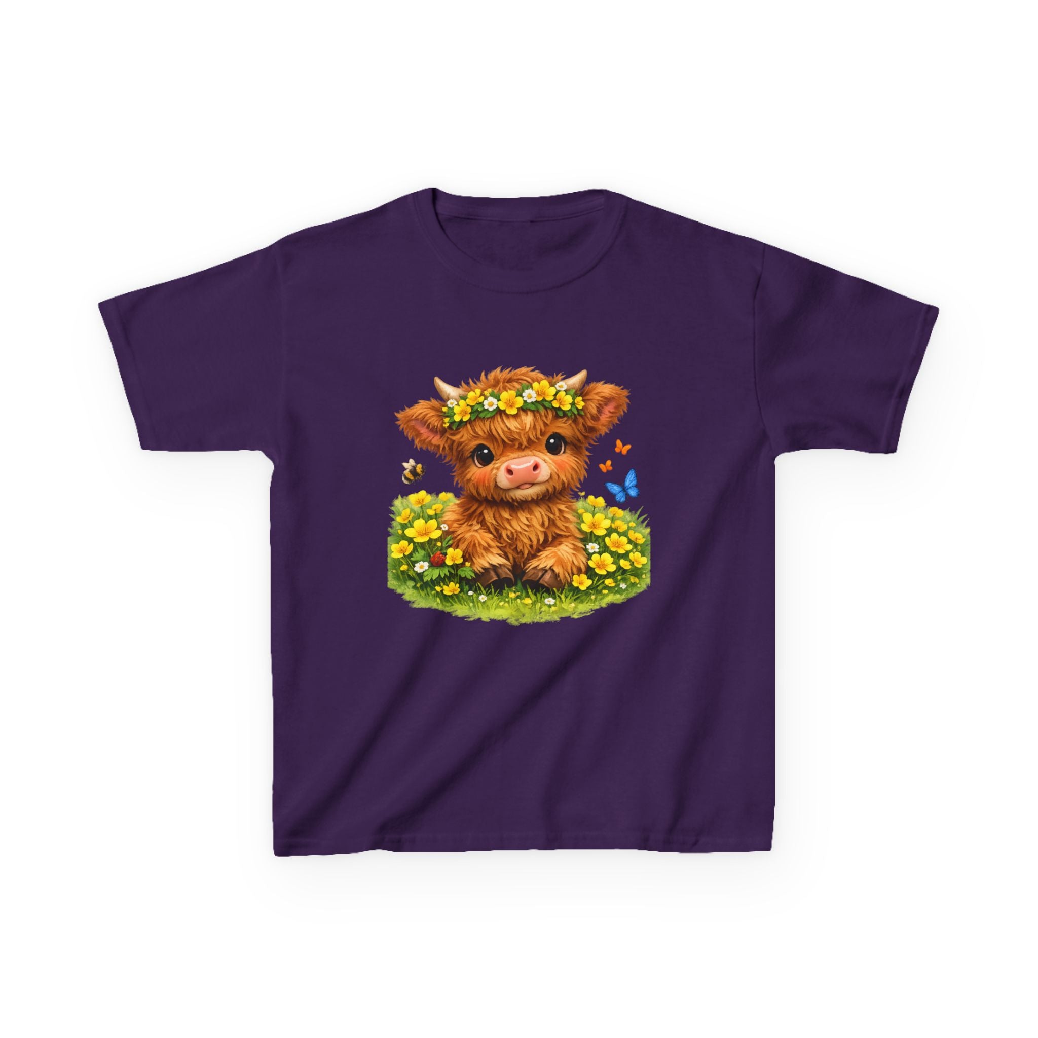 Cute Highland Calf Kids T‑Shirt — Floral Crown, Butterflies & Sunshine Tee