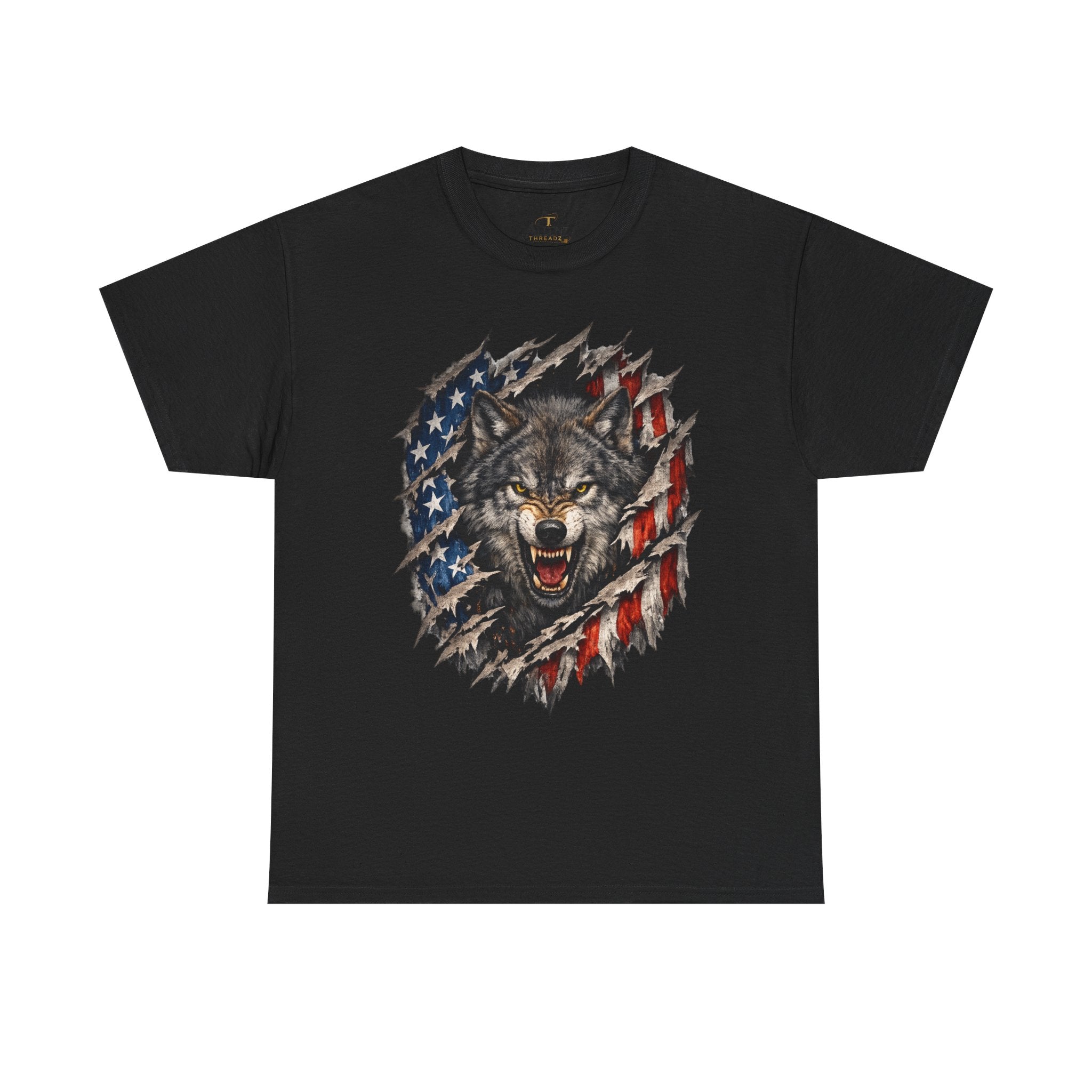Unisex Heavy Cotton Tee - American flag with wolf face