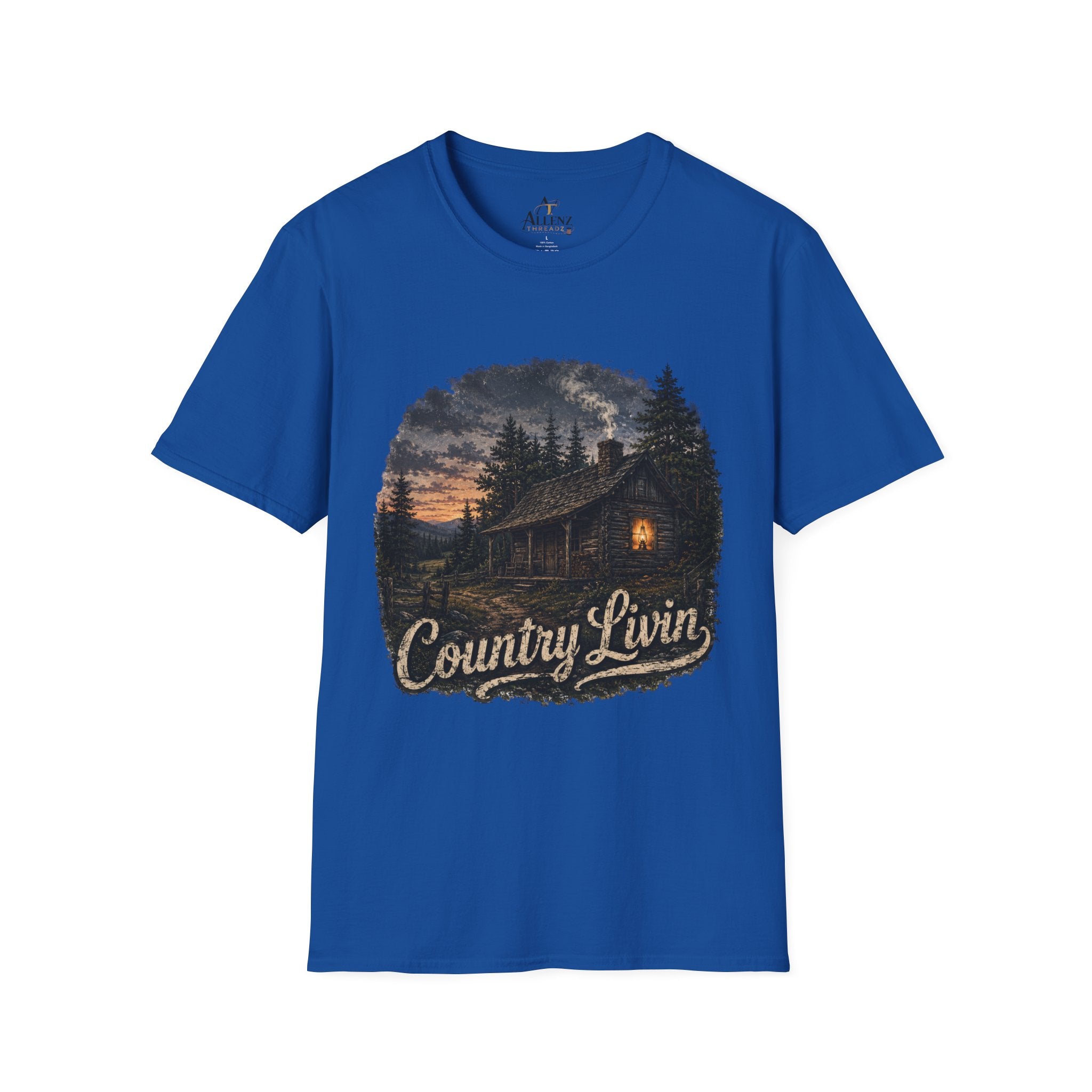 Country Livin' Cabin T‑Shirt — Rustic Sunset Woodlands Graphic Tee