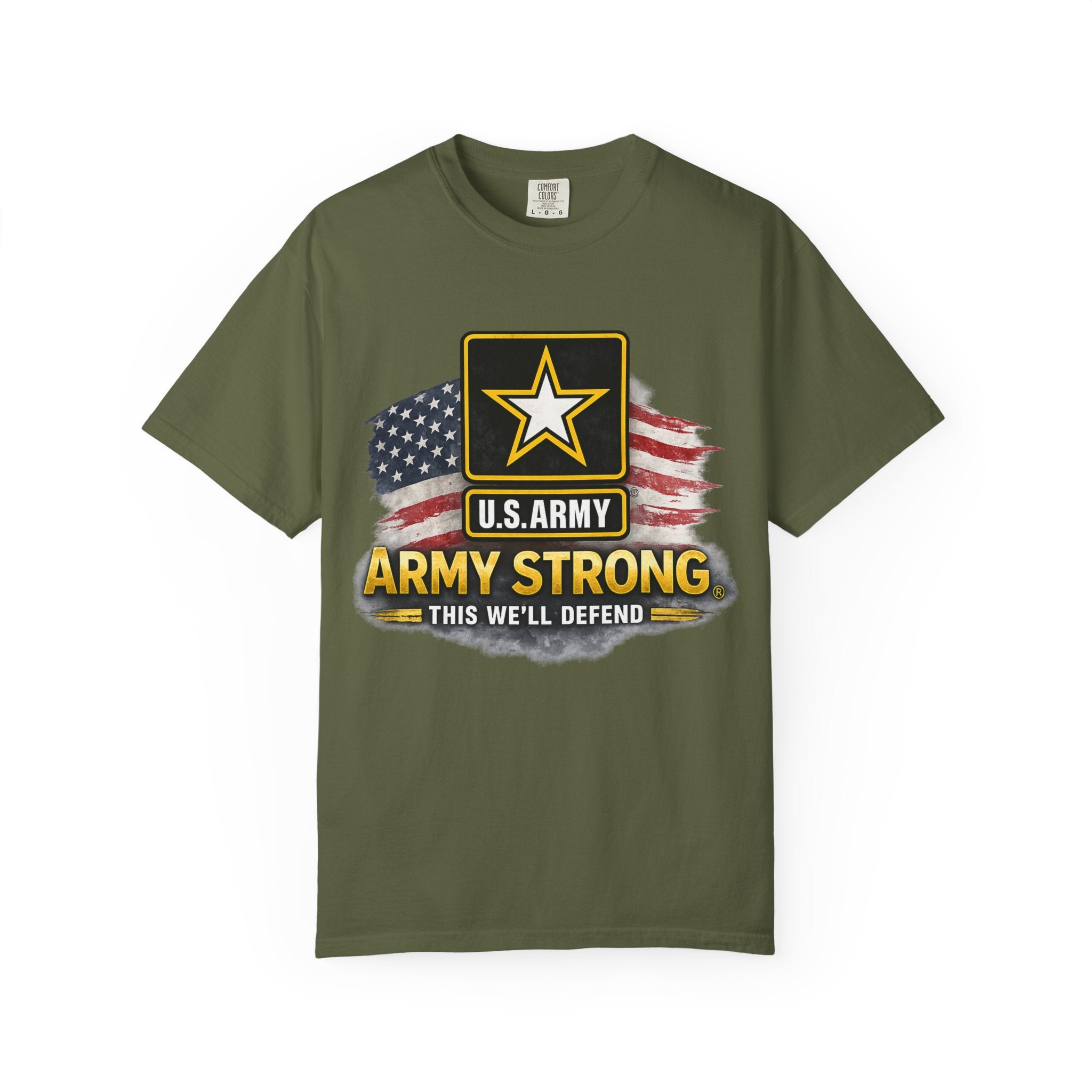 Army Strong T‑Shirt — U.S. Army Logo with American Flag ("This We'll Defend")