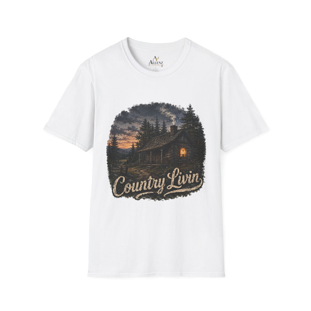 Country Livin' Cabin T‑Shirt — Rustic Sunset Woodlands Graphic Tee