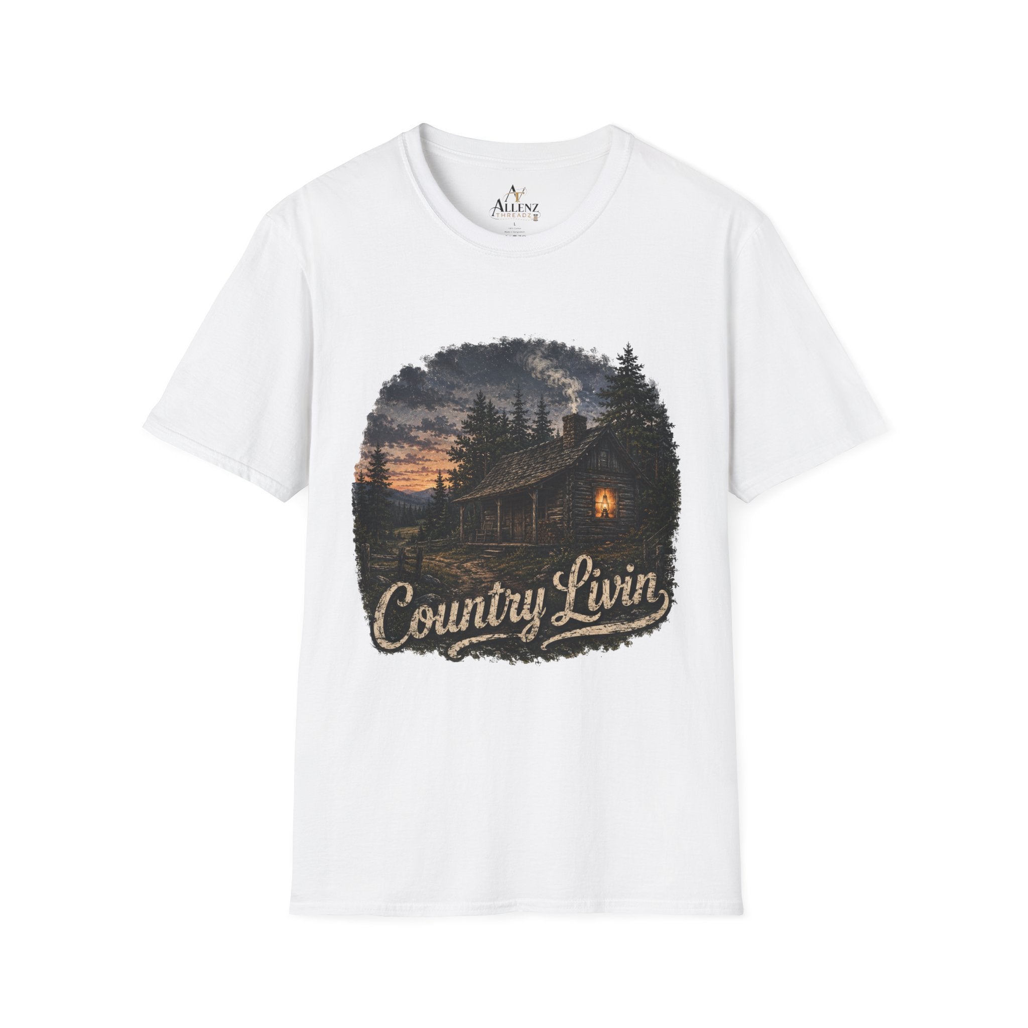 Country Livin' Cabin T‑Shirt — Rustic Sunset Woodlands Graphic Tee