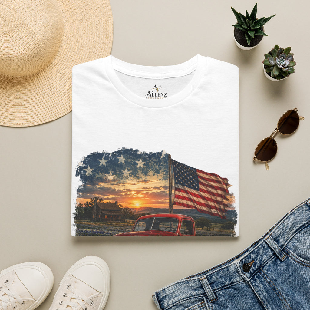 American Vintage Truck T-Shirt — Flag Sunset Patriotic Tee