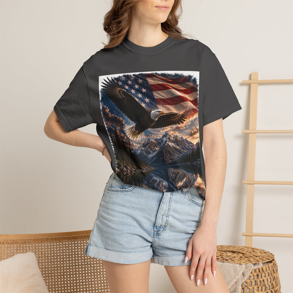 Bald Eagle Over Mountain Lake American Flag T-shirt | Patriotic Nature Scene