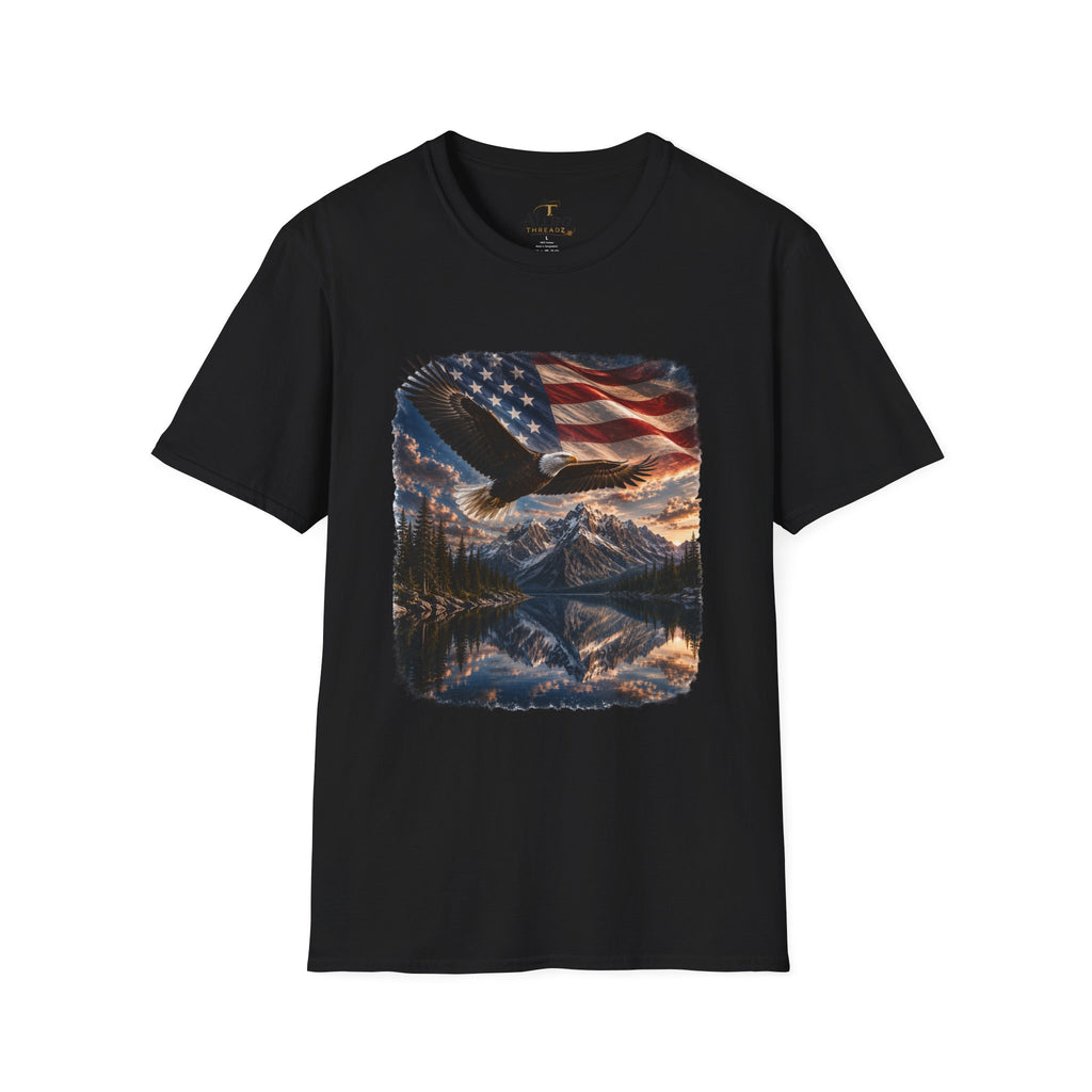 American Eagle Flag T-Shirt — Patriotic Bald Eagle & Mountain Scenery Tee