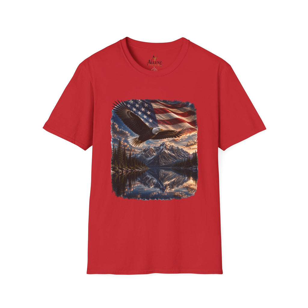 American Eagle Flag T-Shirt — Patriotic Bald Eagle & Mountain Scenery Tee