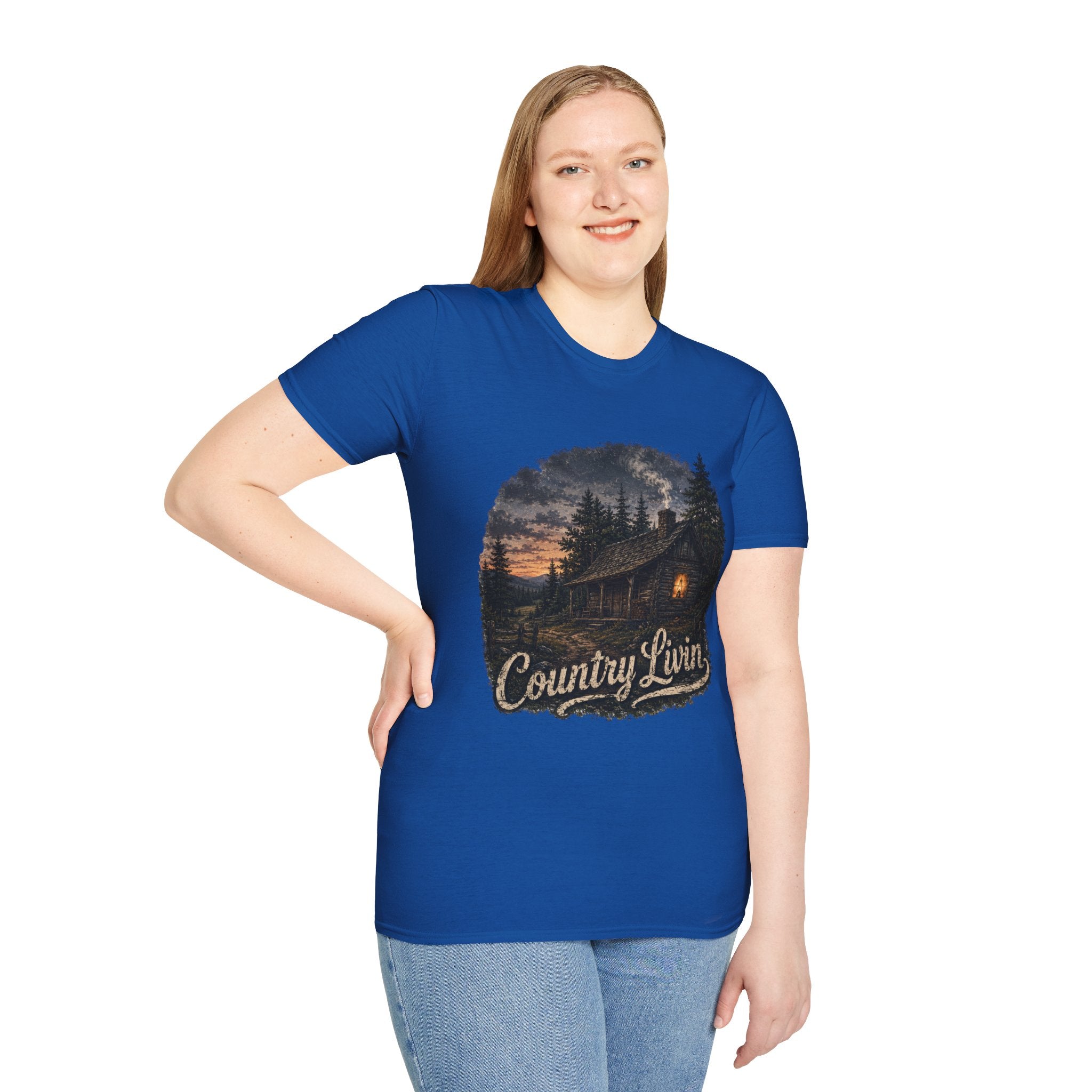 Country Livin' Cabin T‑Shirt — Rustic Sunset Woodlands Graphic Tee