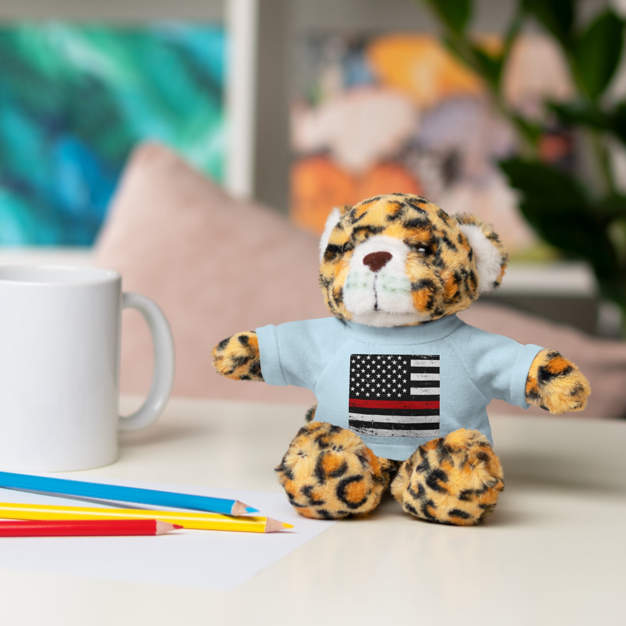 Kids Stuffed Animal with Thin Red line flag Tee