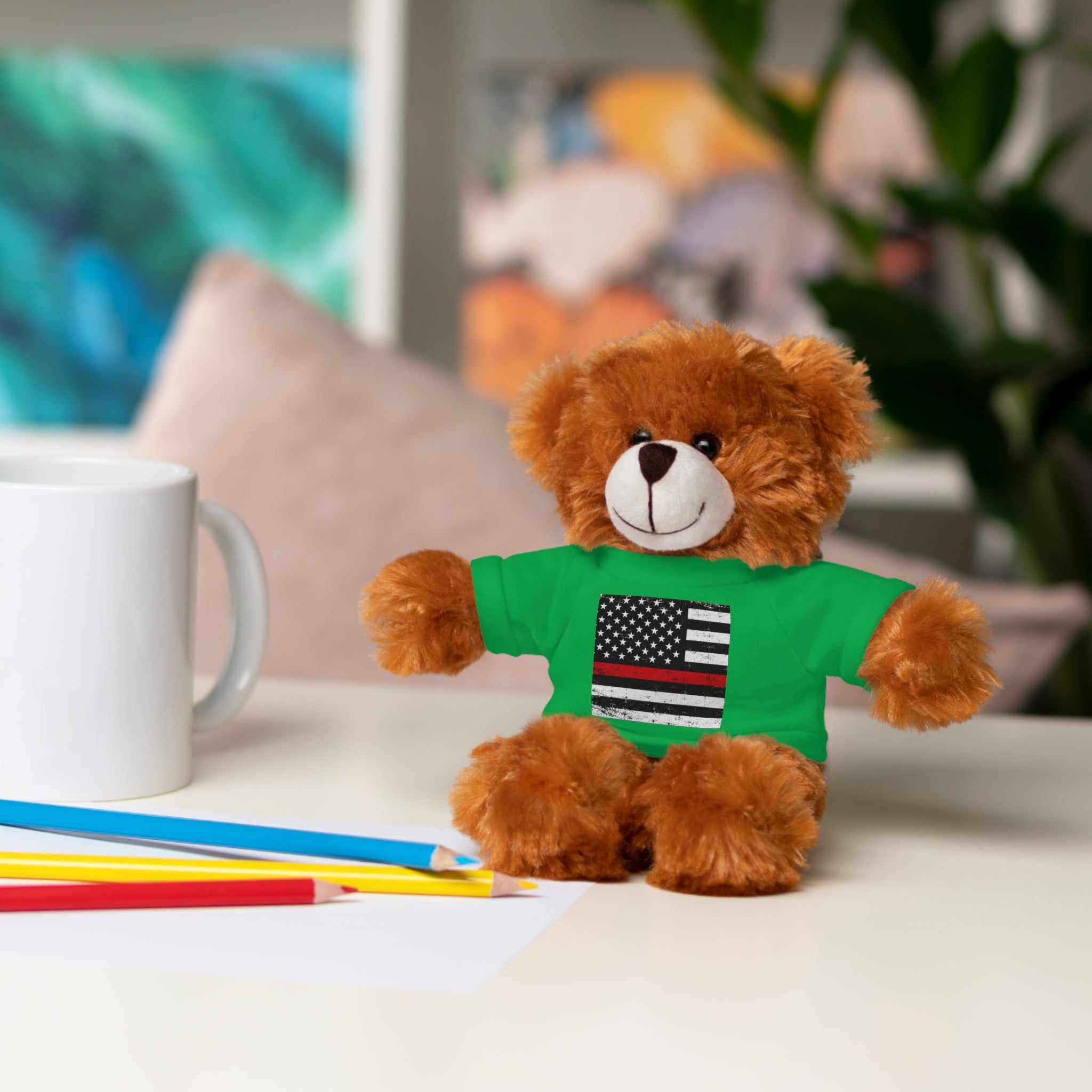 Kids Stuffed Animal with Thin Red line flag Tee