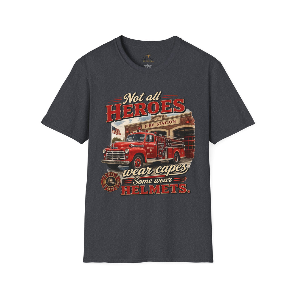 Firefighter T-Shirt — "Not All Heroes Wear Capes, Some Wear Helmets" Vintage Fire Truck Tee
