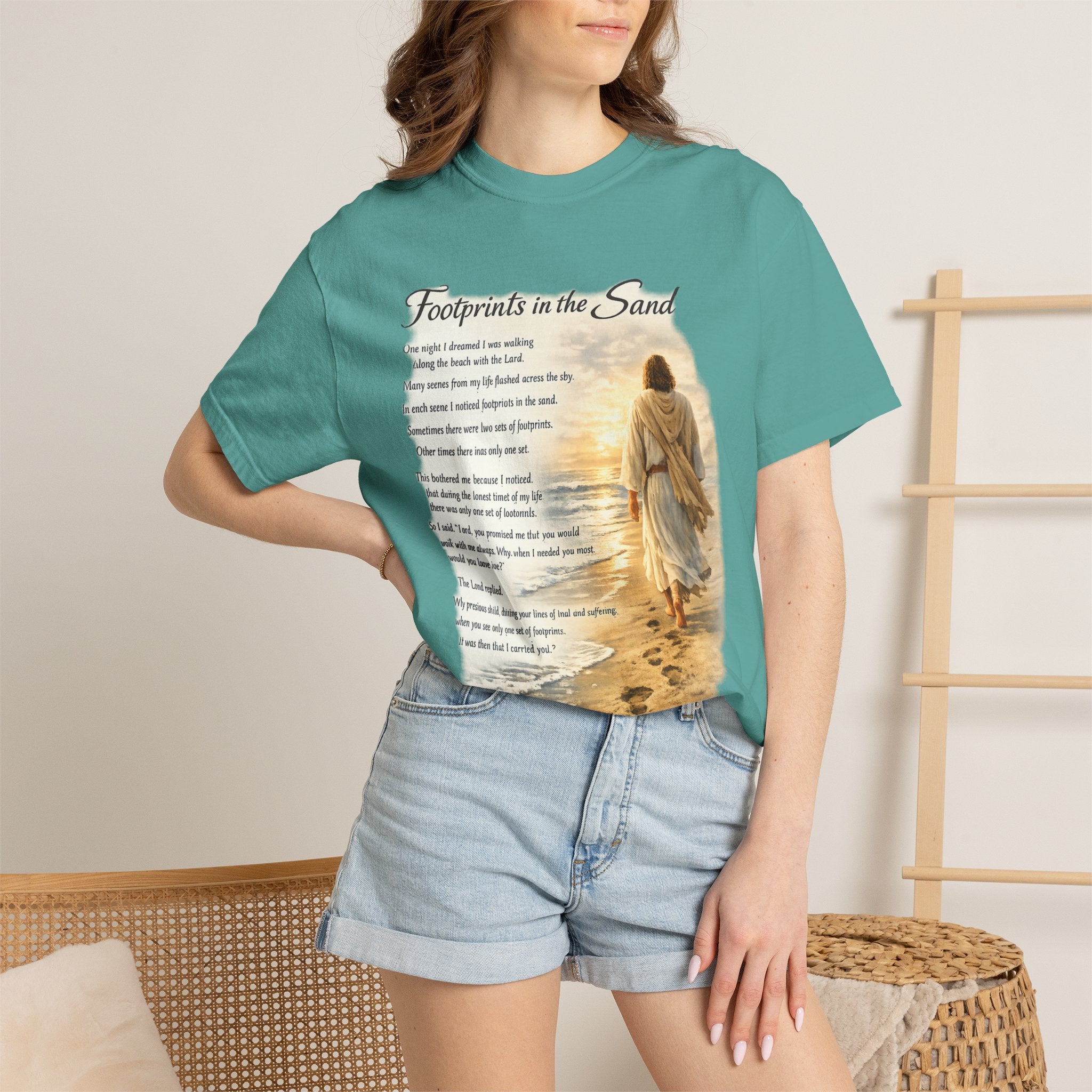 Footprints in the Sand Christian T-Shirt – Inspirational Jesus Poem Tee