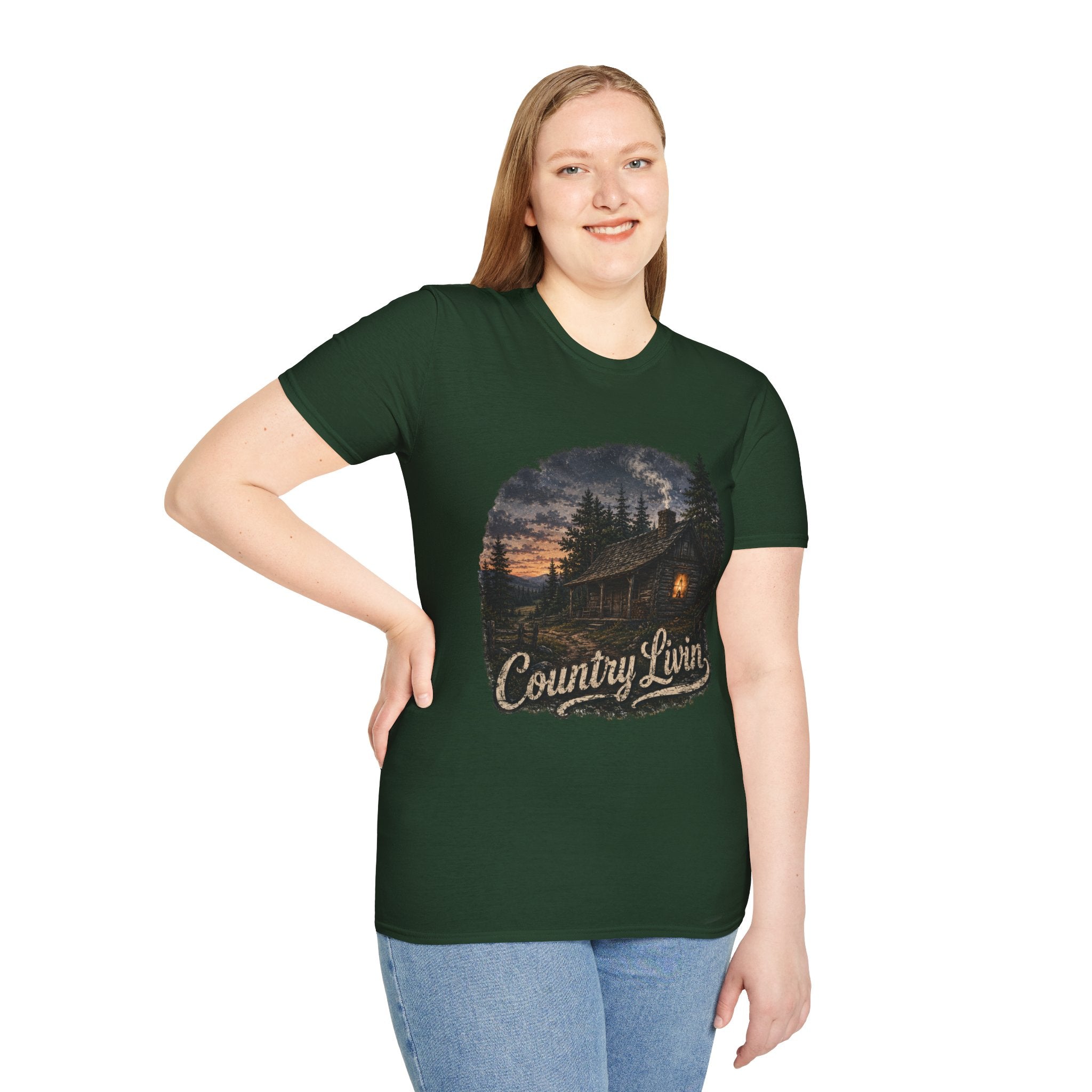 Country Livin' Cabin T‑Shirt — Rustic Sunset Woodlands Graphic Tee