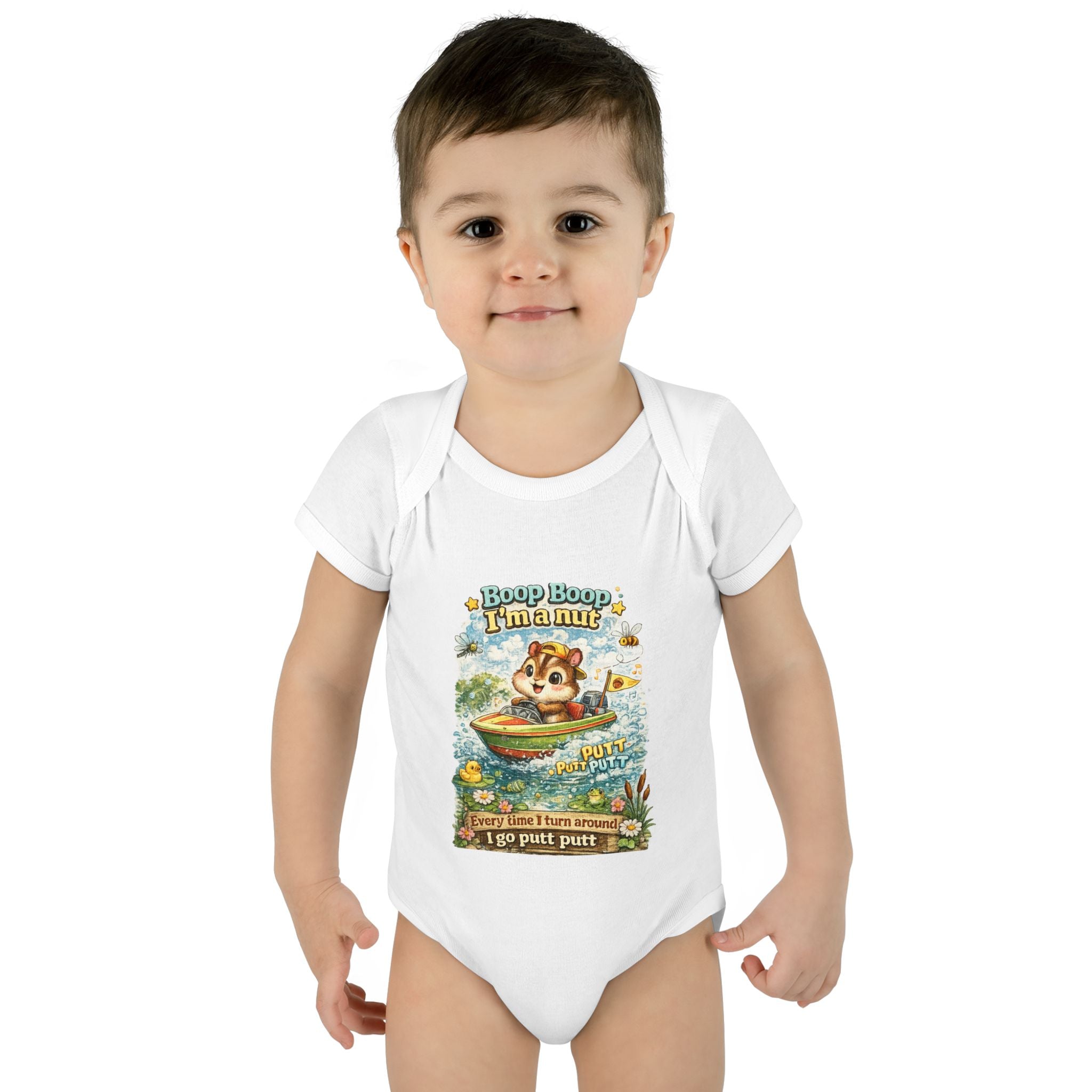 Infant Baby Rib Bodysuit 🐿️🚤 Boop Boop I’m a Nut – Cute Kids T-Shirt Design 💙✨