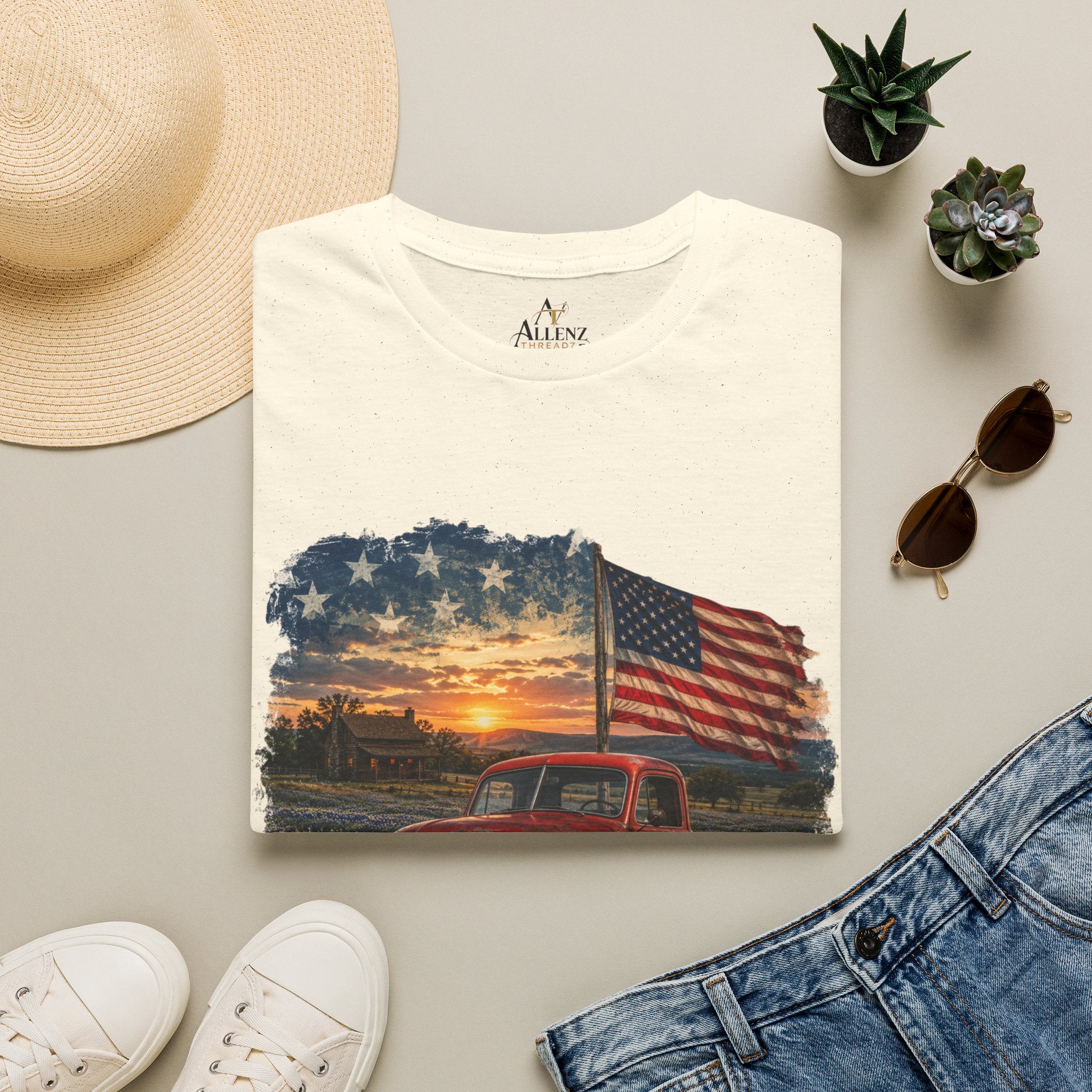 American Vintage Truck T-Shirt — Flag Sunset Patriotic Tee