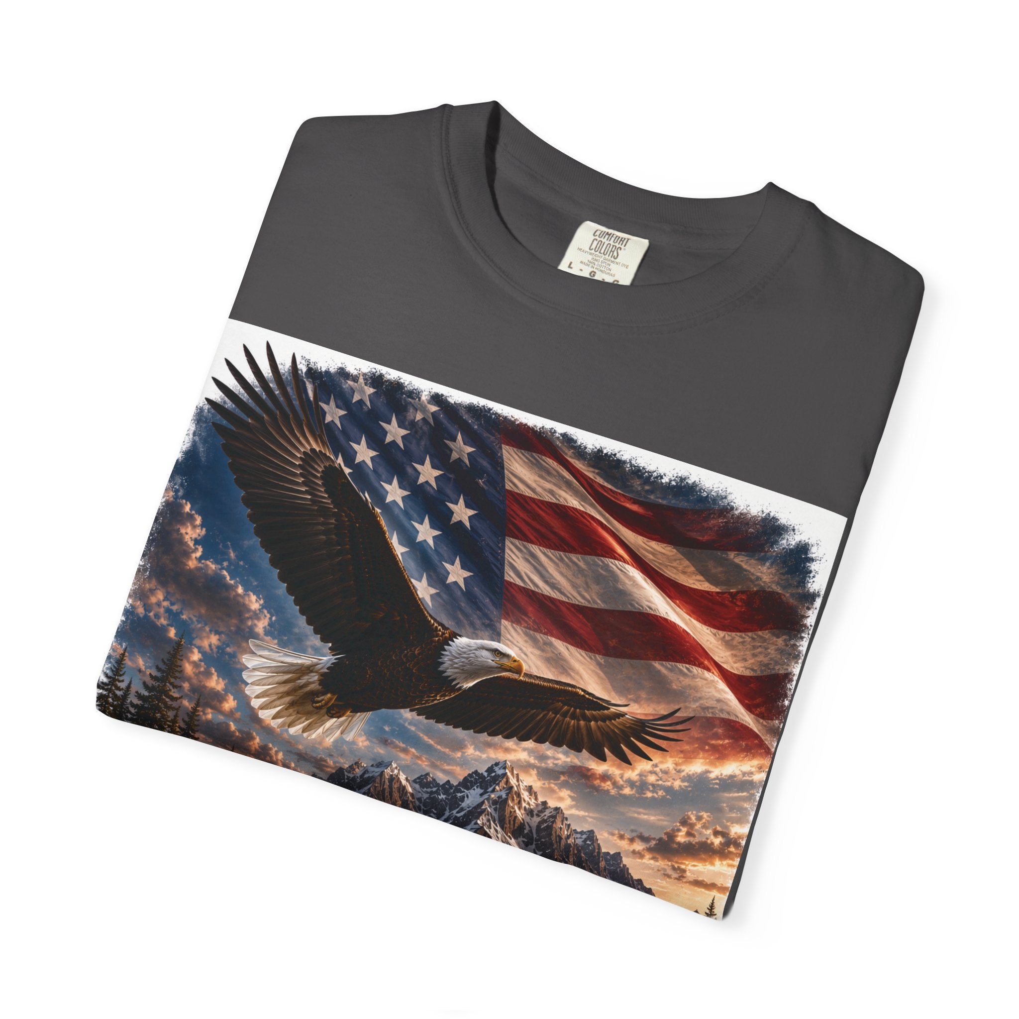 Bald Eagle Over Mountain Lake American Flag T-shirt | Patriotic Nature Scene