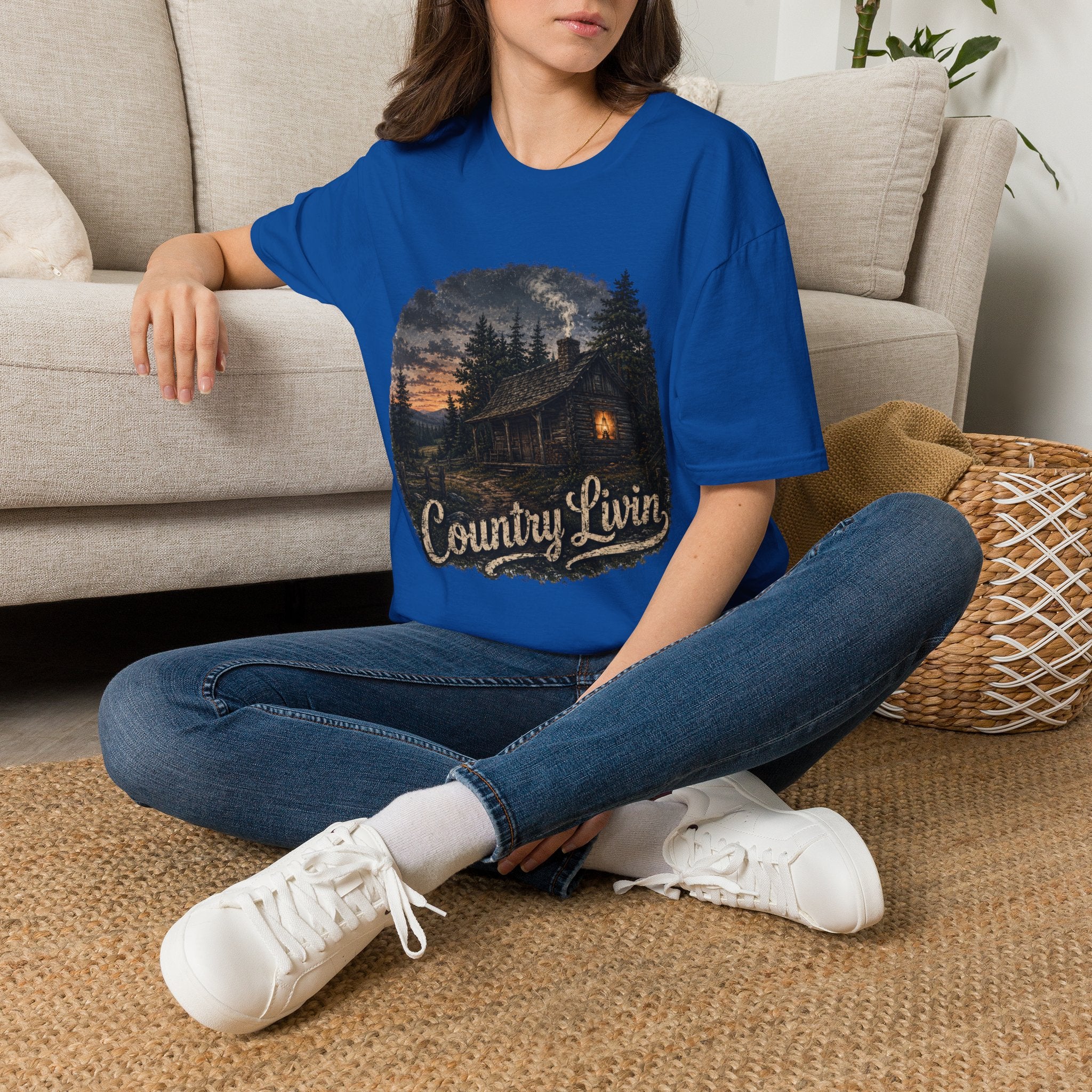 Country Livin' Cabin T‑Shirt — Rustic Sunset Woodlands Graphic Tee