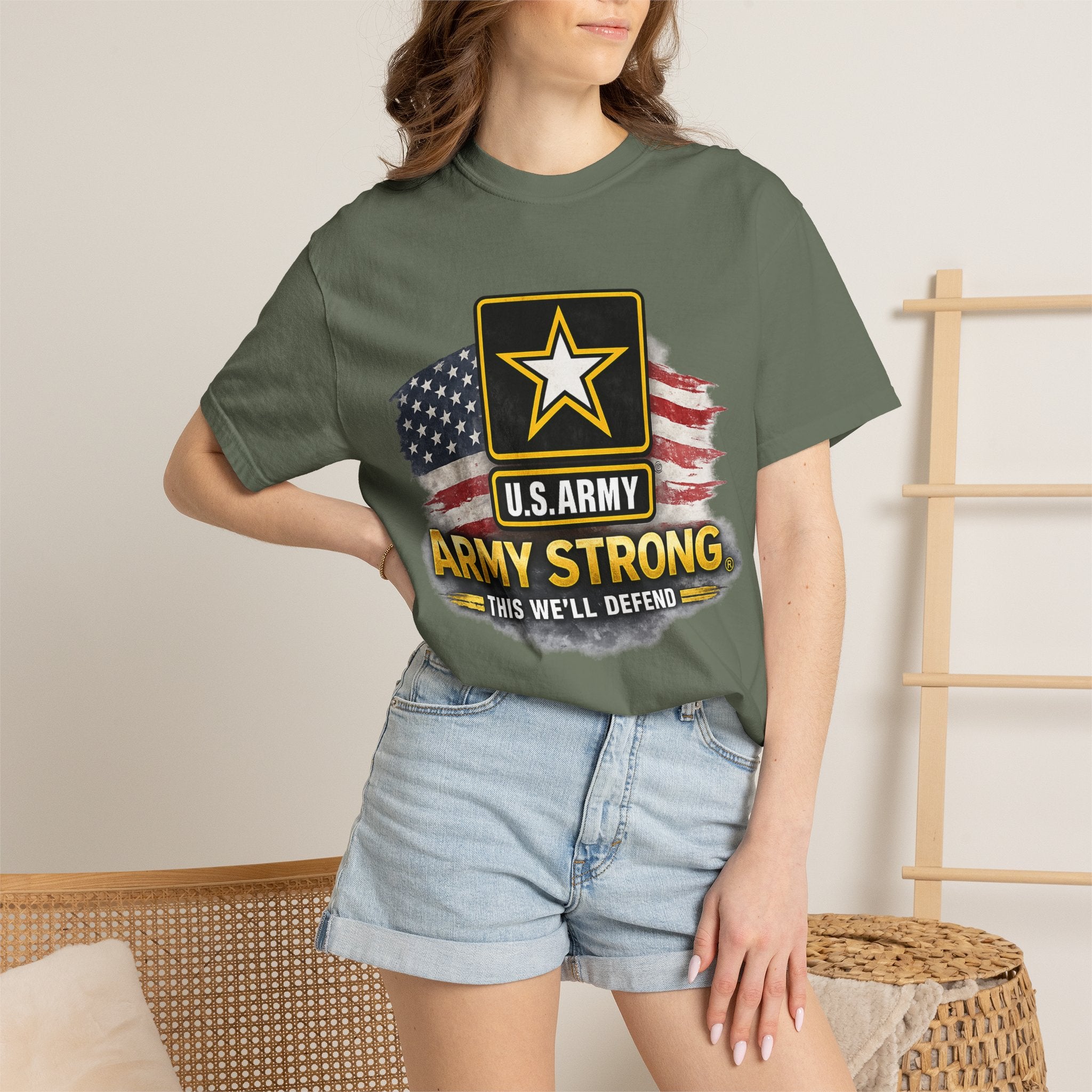 Army Strong T‑Shirt — U.S. Army Logo with American Flag ("This We'll Defend")