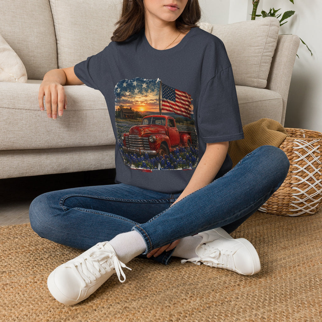 American Vintage Truck T-Shirt — Flag Sunset Patriotic Tee