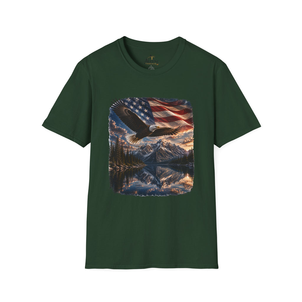 American Eagle Flag T-Shirt — Patriotic Bald Eagle & Mountain Scenery Tee