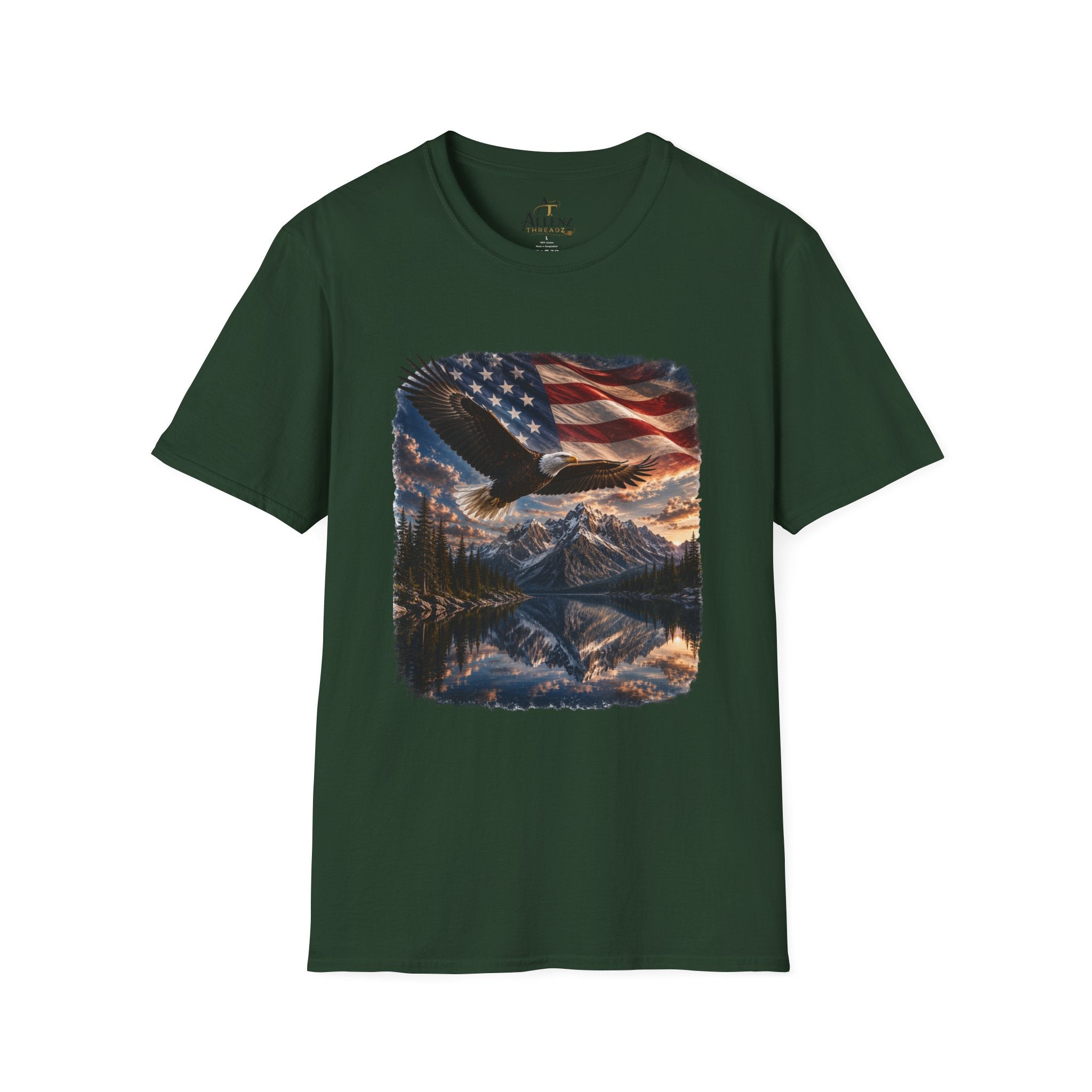American Eagle Flag T-Shirt — Patriotic Bald Eagle & Mountain Scenery Tee