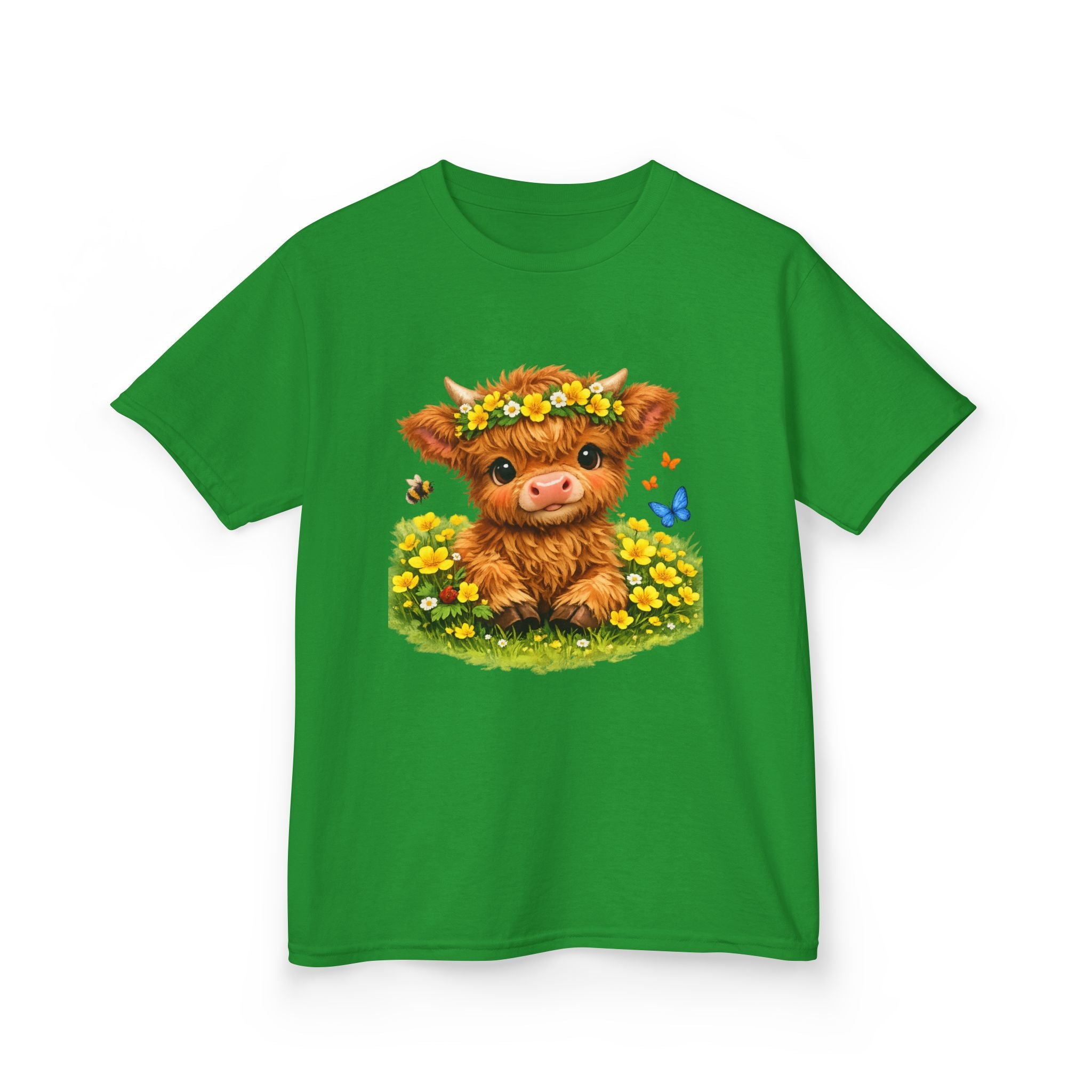 Cute Highland Calf Kids T‑Shirt — Floral Crown, Butterflies & Sunshine Tee