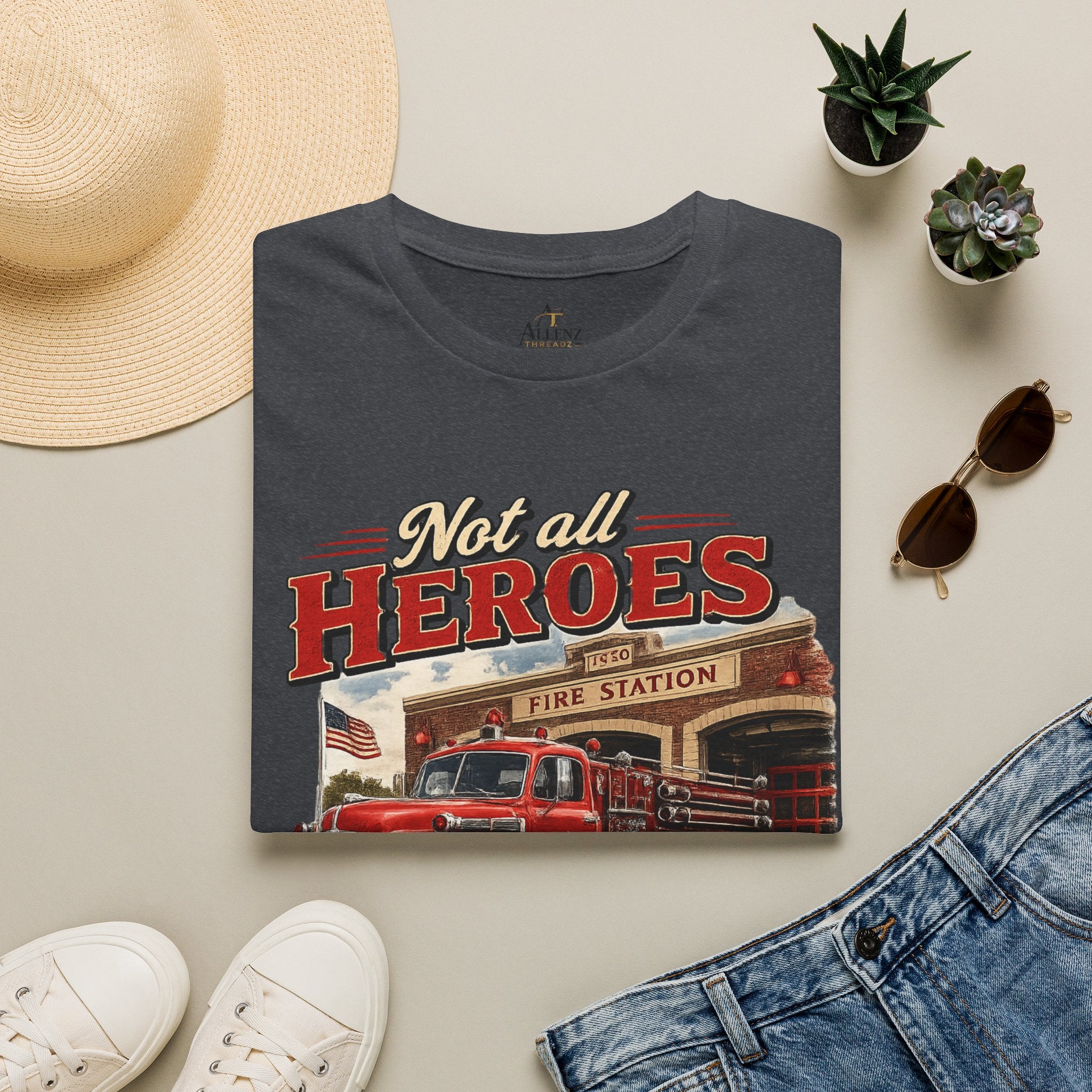 Firefighter T-Shirt — "Not All Heroes Wear Capes, Some Wear Helmets" Vintage Fire Truck Tee