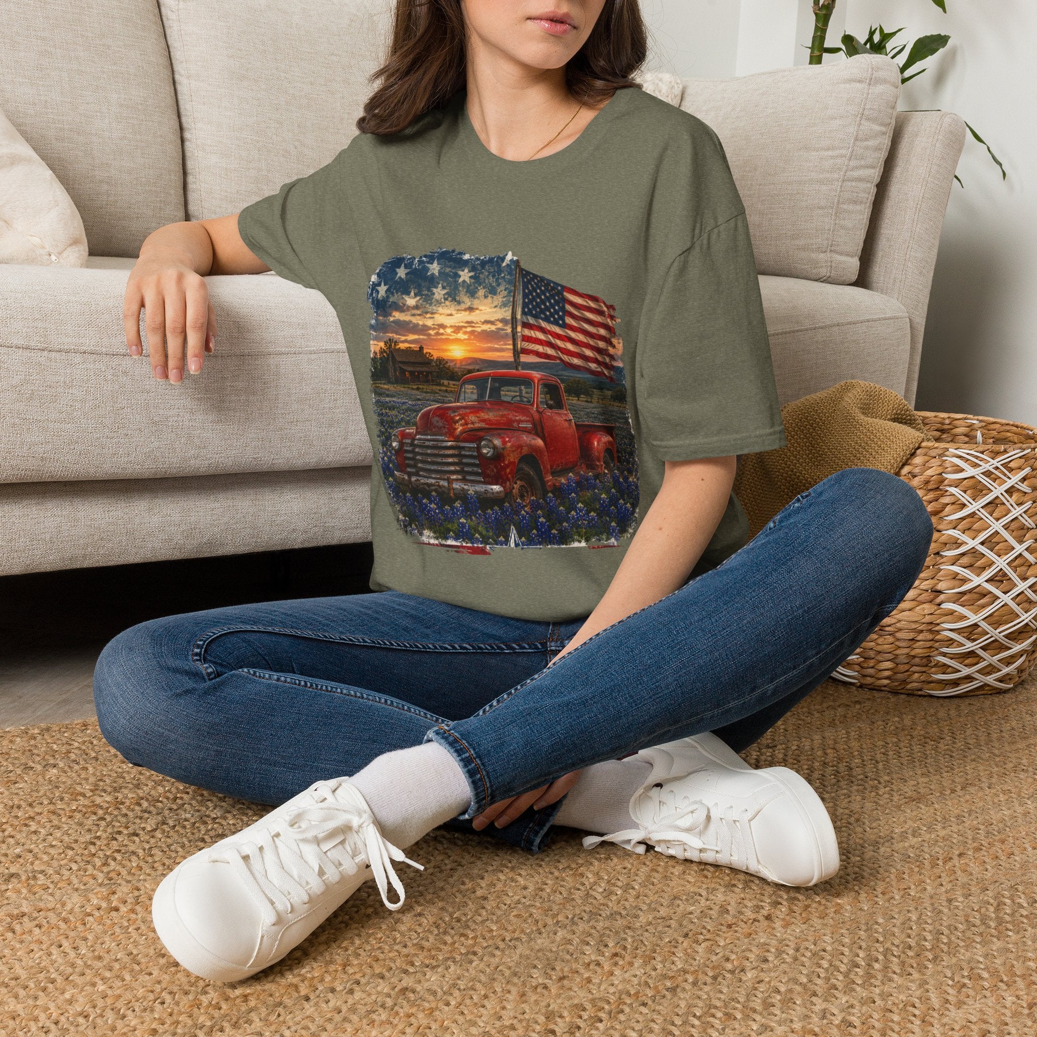 American Vintage Truck T-Shirt — Flag Sunset Patriotic Tee