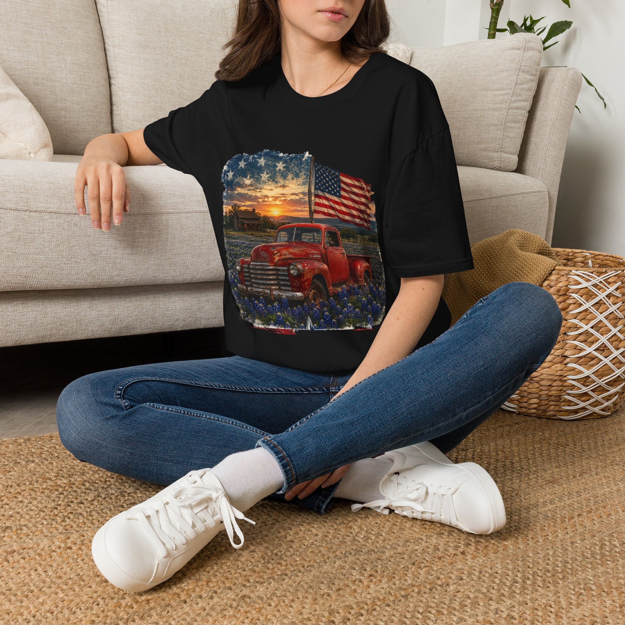 American Vintage Truck T-Shirt — Flag Sunset Patriotic Tee
