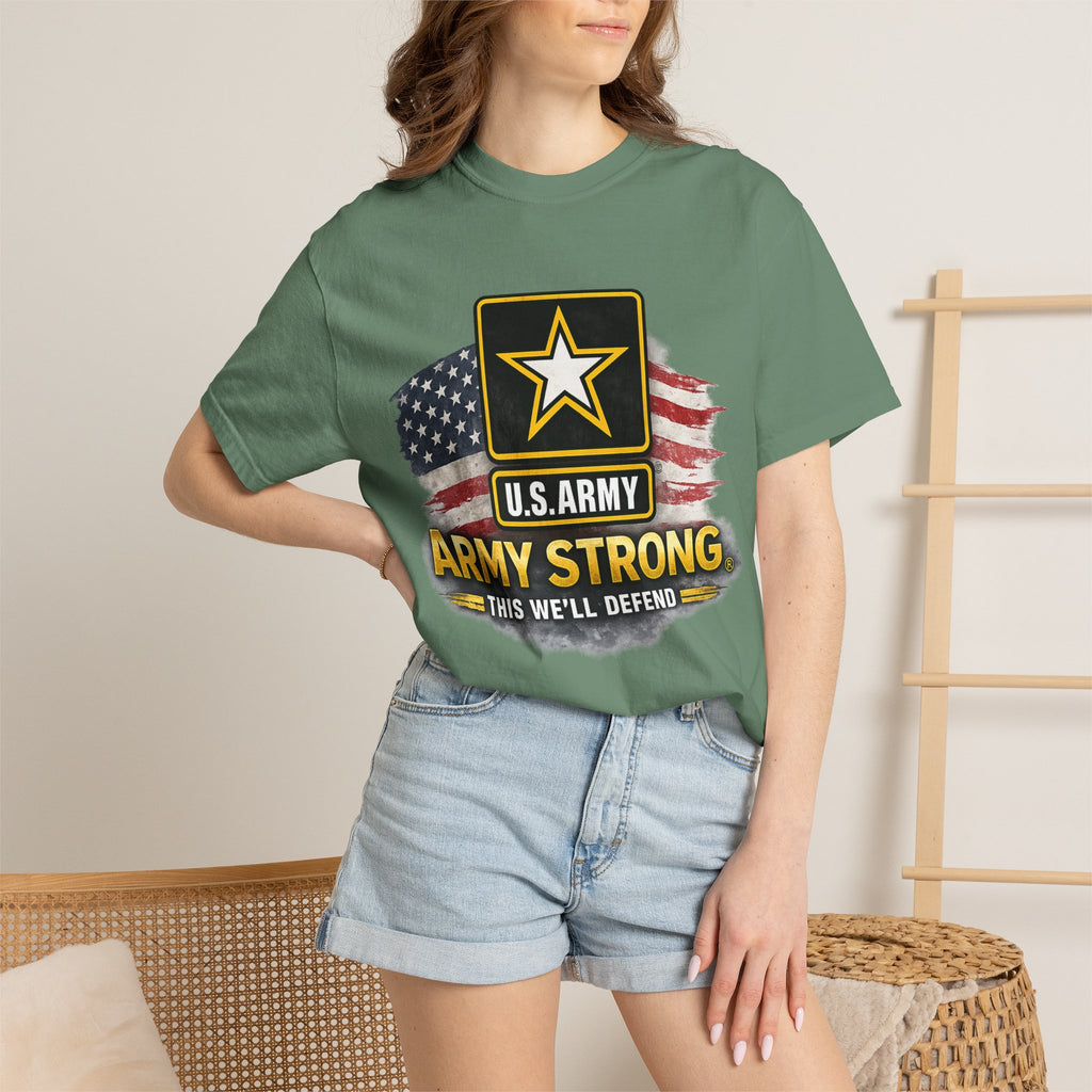 Army Strong T‑Shirt — U.S. Army Logo with American Flag ("This We'll Defend")