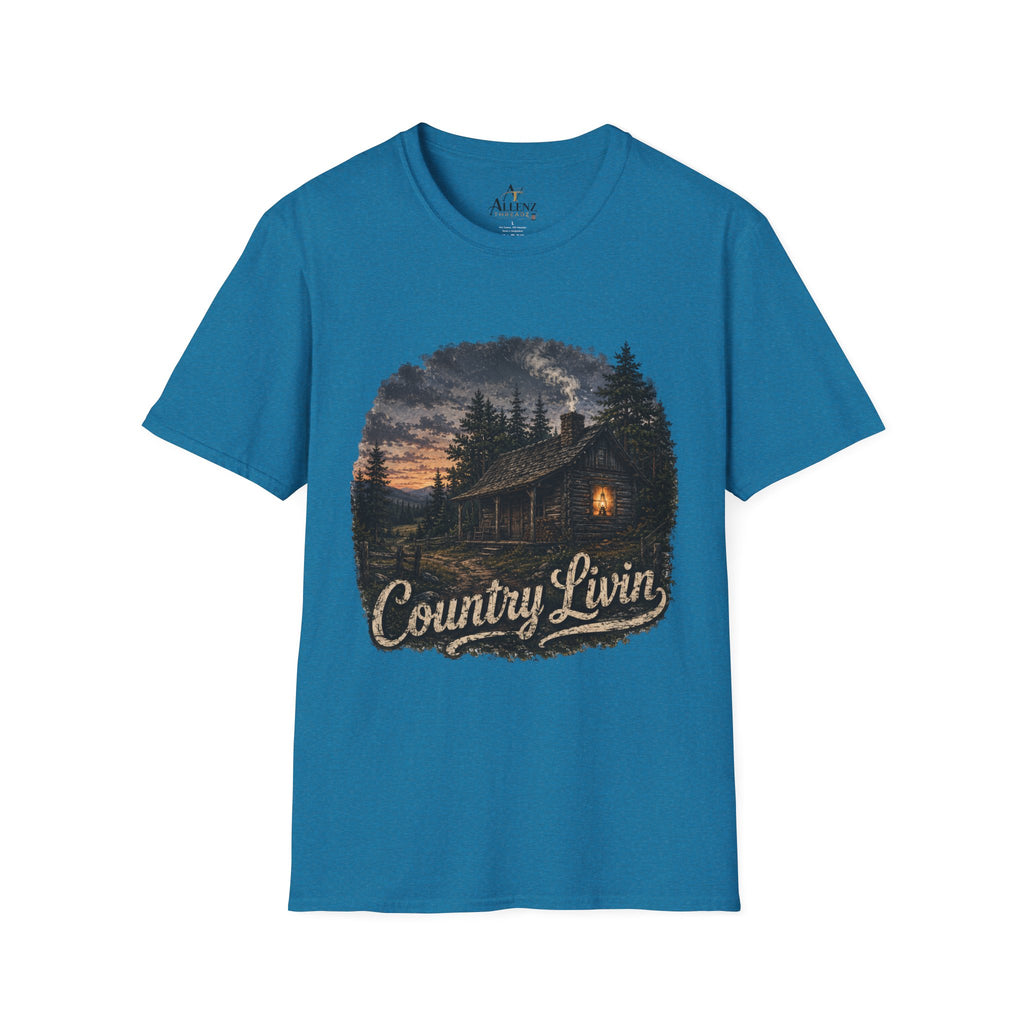 Country Livin' Cabin T‑Shirt — Rustic Sunset Woodlands Graphic Tee