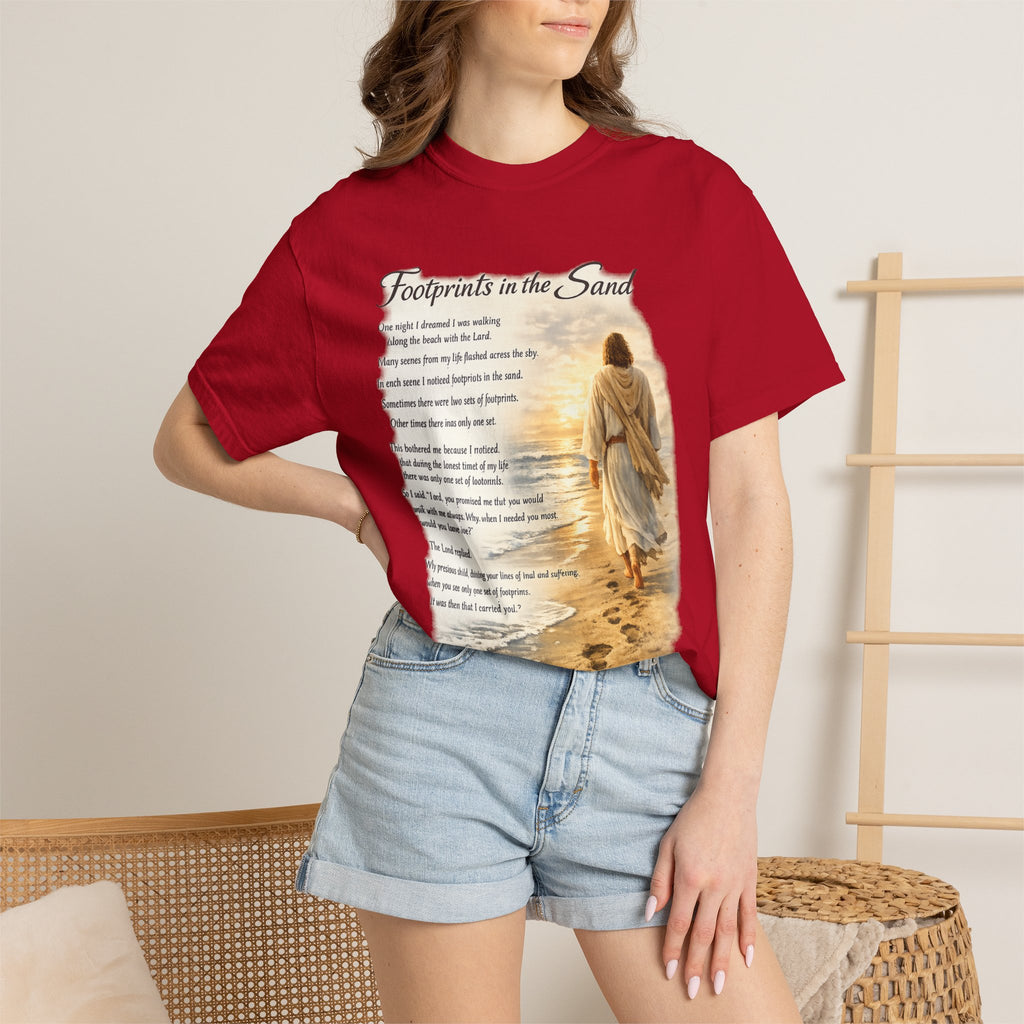 Footprints in the Sand Christian T-Shirt – Inspirational Jesus Poem Tee