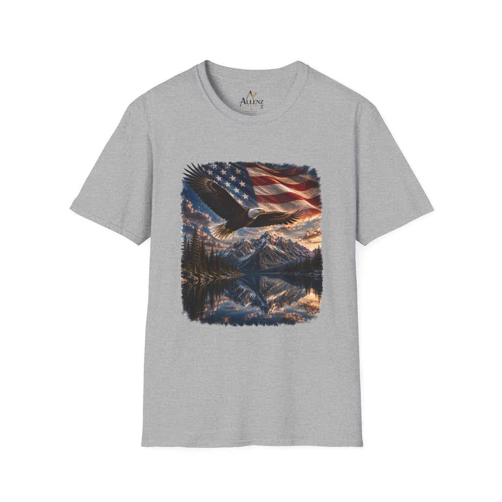 American Eagle Flag T-Shirt — Patriotic Bald Eagle & Mountain Scenery Tee