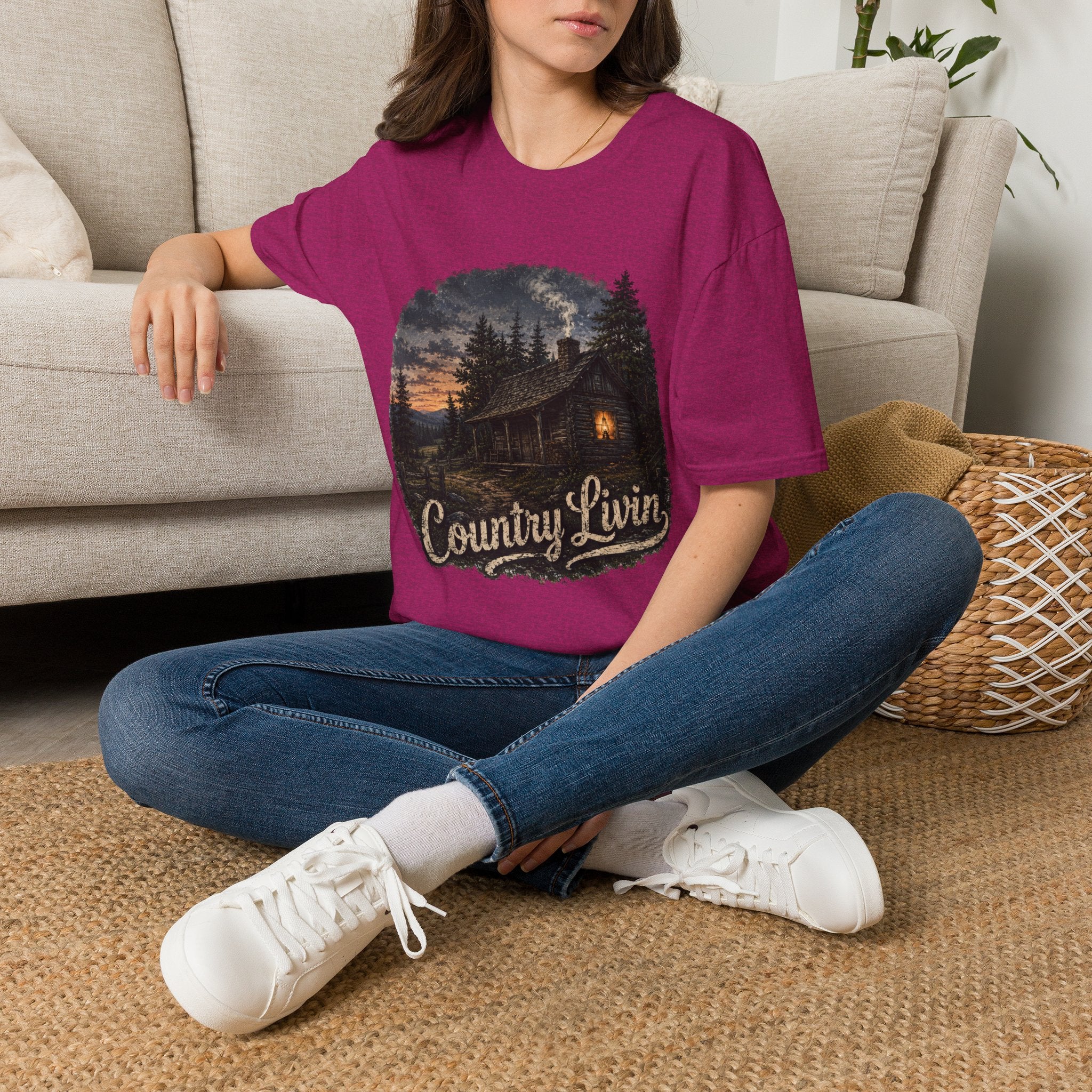 Country Livin' Cabin T‑Shirt — Rustic Sunset Woodlands Graphic Tee