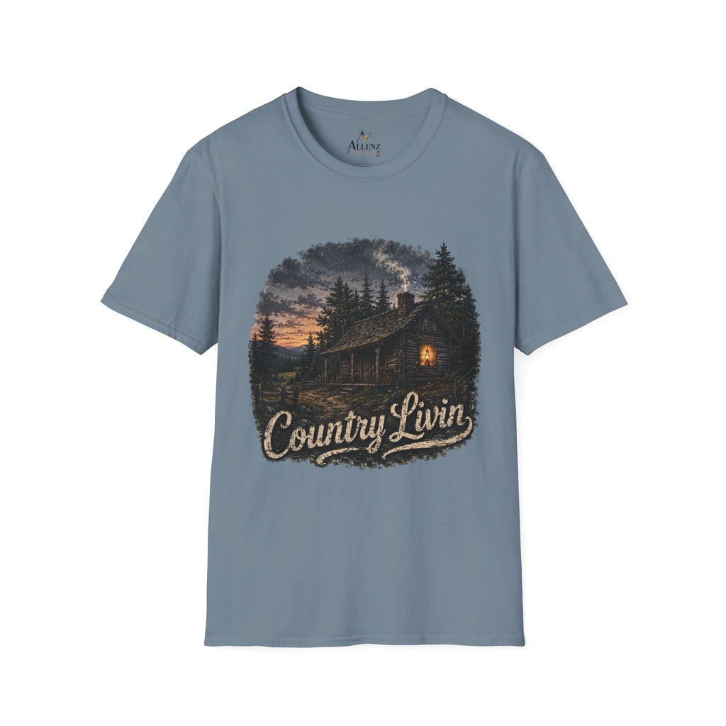 Country Livin' Cabin T‑Shirt — Rustic Sunset Woodlands Graphic Tee