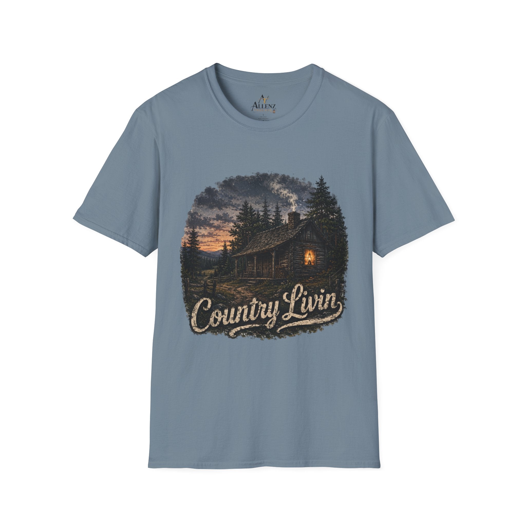 Country Livin' Cabin T‑Shirt — Rustic Sunset Woodlands Graphic Tee