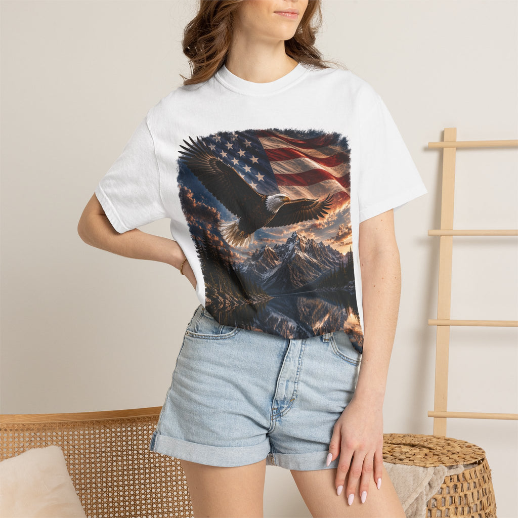 Bald Eagle Over Mountain Lake American Flag T-shirt | Patriotic Nature Scene