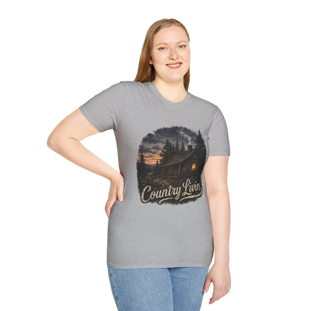Country Livin' Cabin T‑Shirt — Rustic Sunset Woodlands Graphic Tee