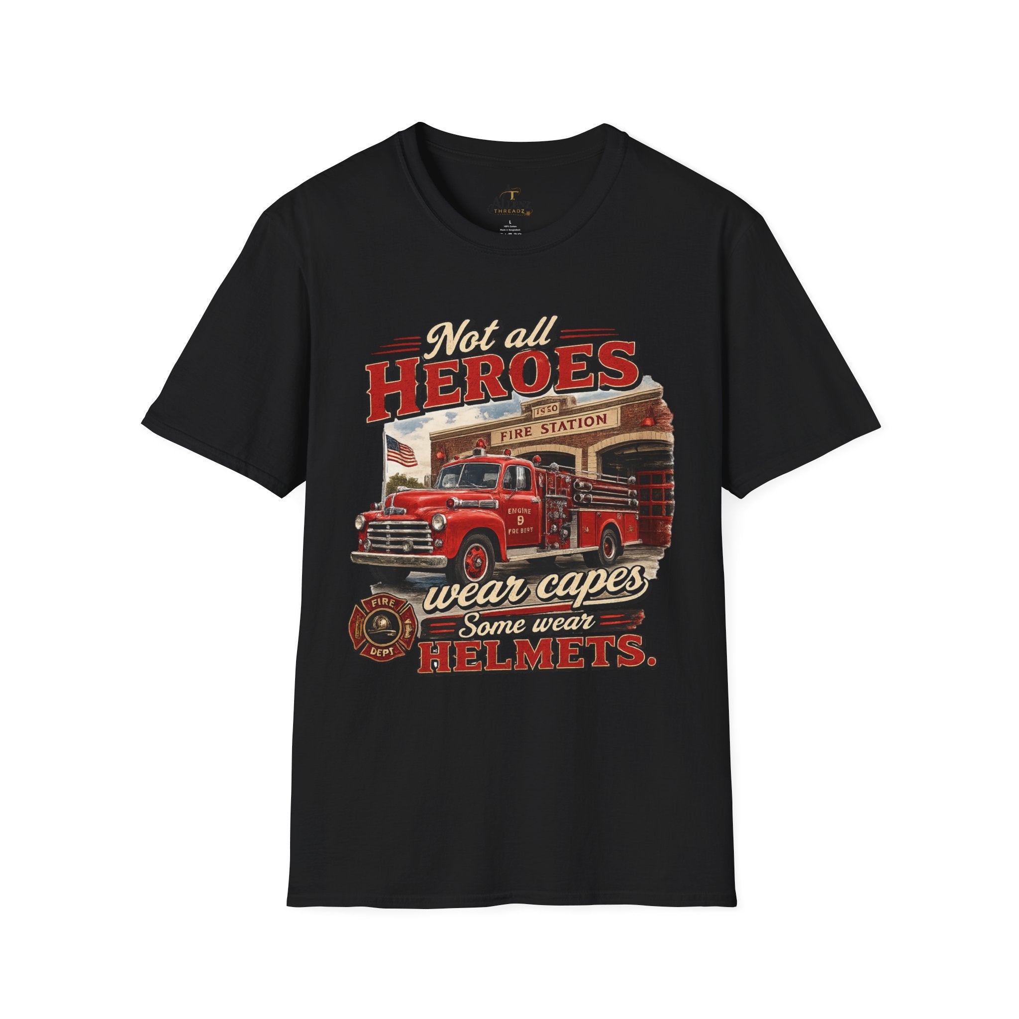 Firefighter T-Shirt — "Not All Heroes Wear Capes, Some Wear Helmets" Vintage Fire Truck Tee