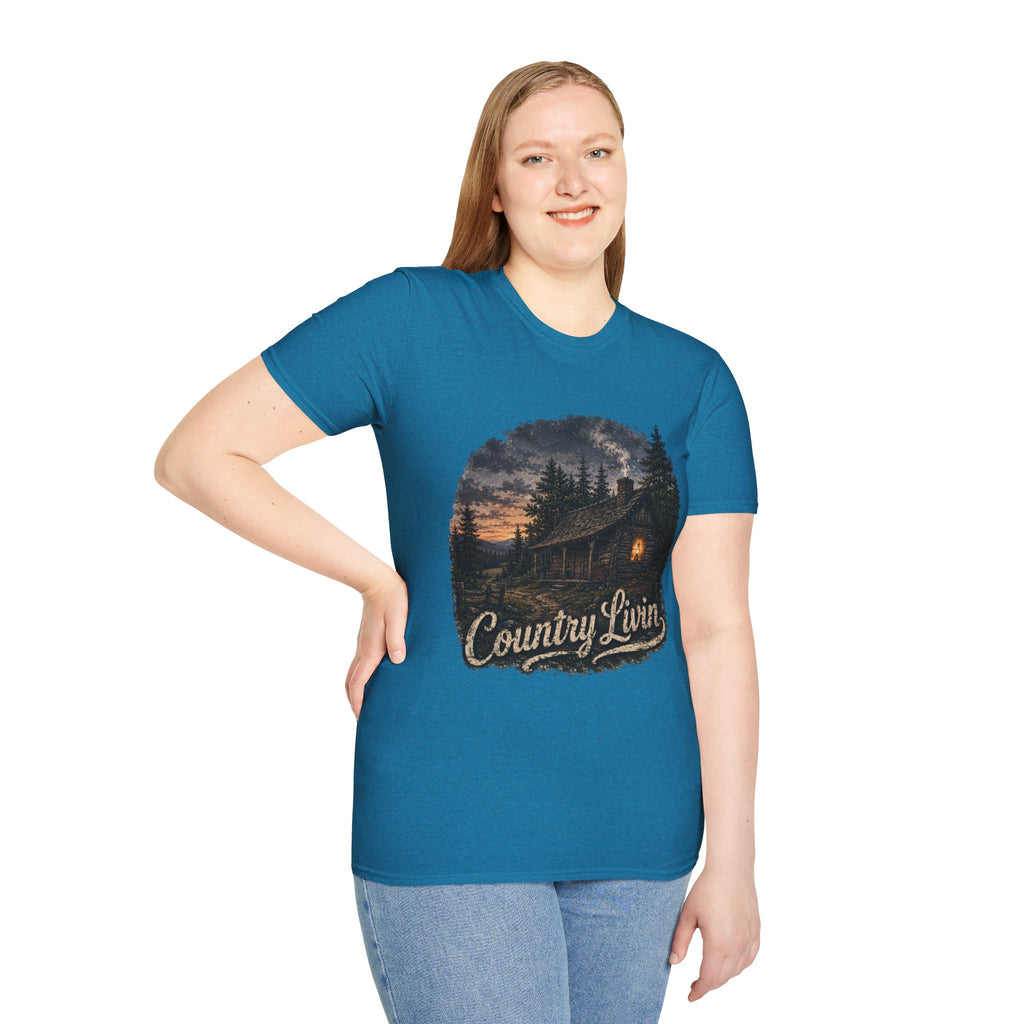 Country Livin' Cabin T‑Shirt — Rustic Sunset Woodlands Graphic Tee