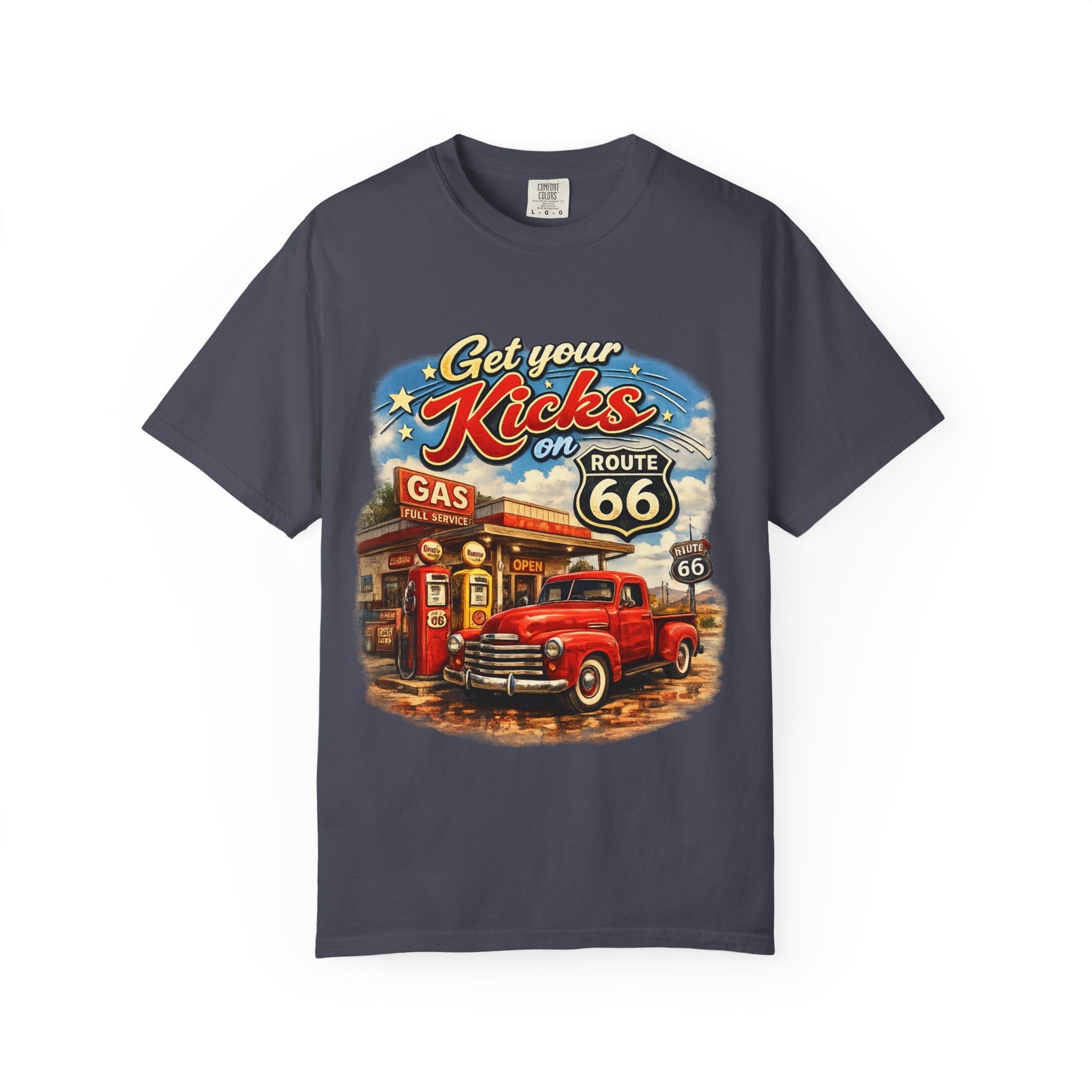 Route 66 Retro T-Shirt — "Get Your Kicks on Route 66" Vintage Gas Station Tee