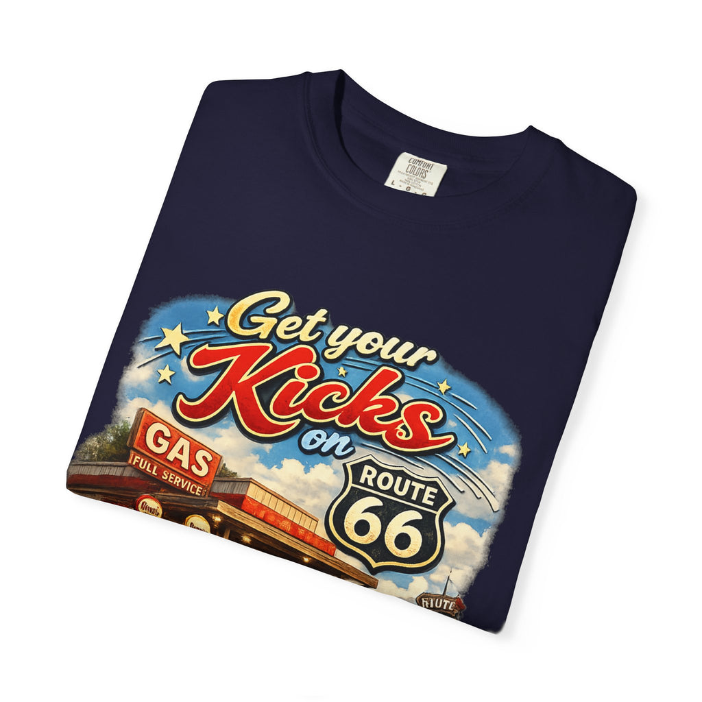 Route 66 Retro T-Shirt — "Get Your Kicks on Route 66" Vintage Gas Station Tee