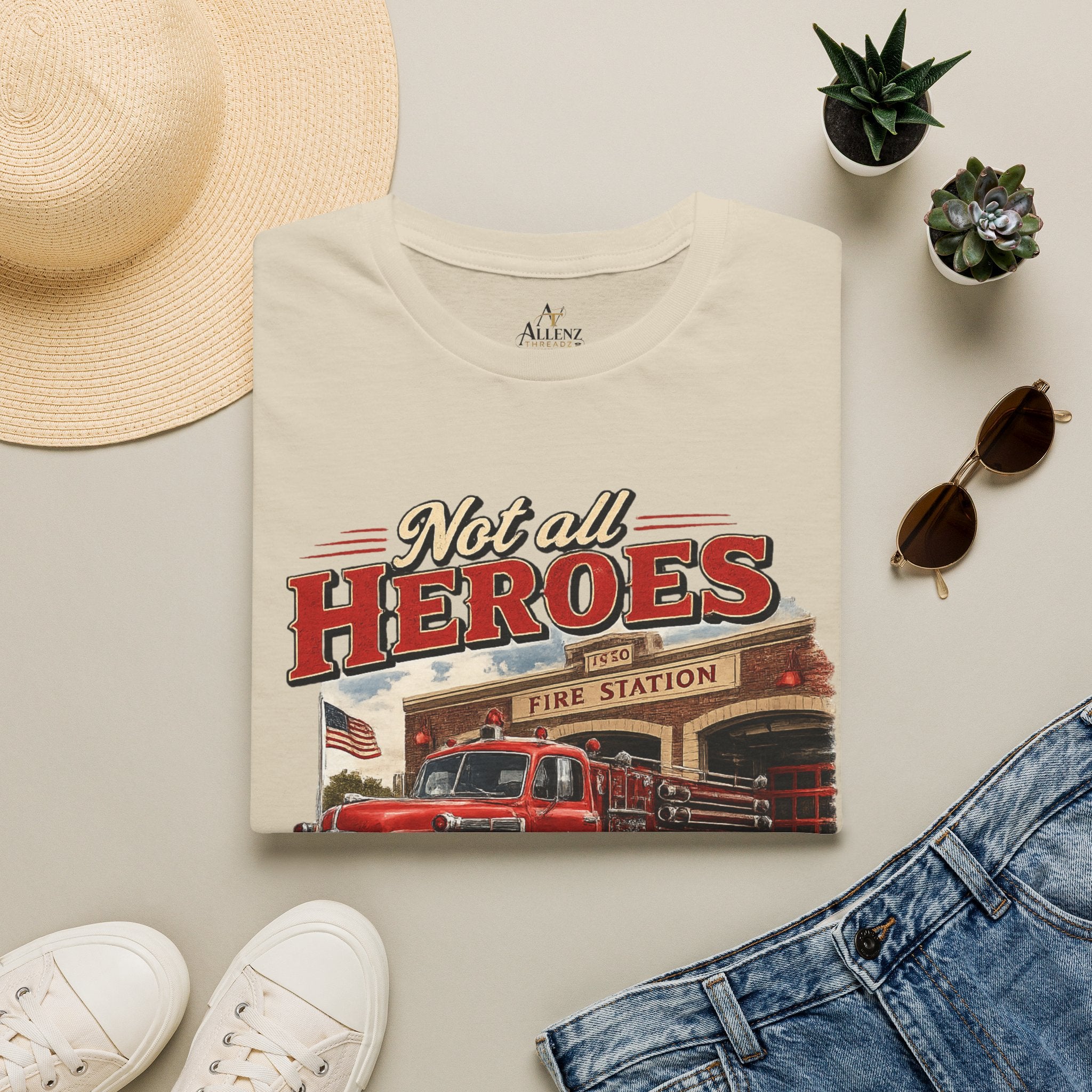 Firefighter T-Shirt — "Not All Heroes Wear Capes, Some Wear Helmets" Vintage Fire Truck Tee