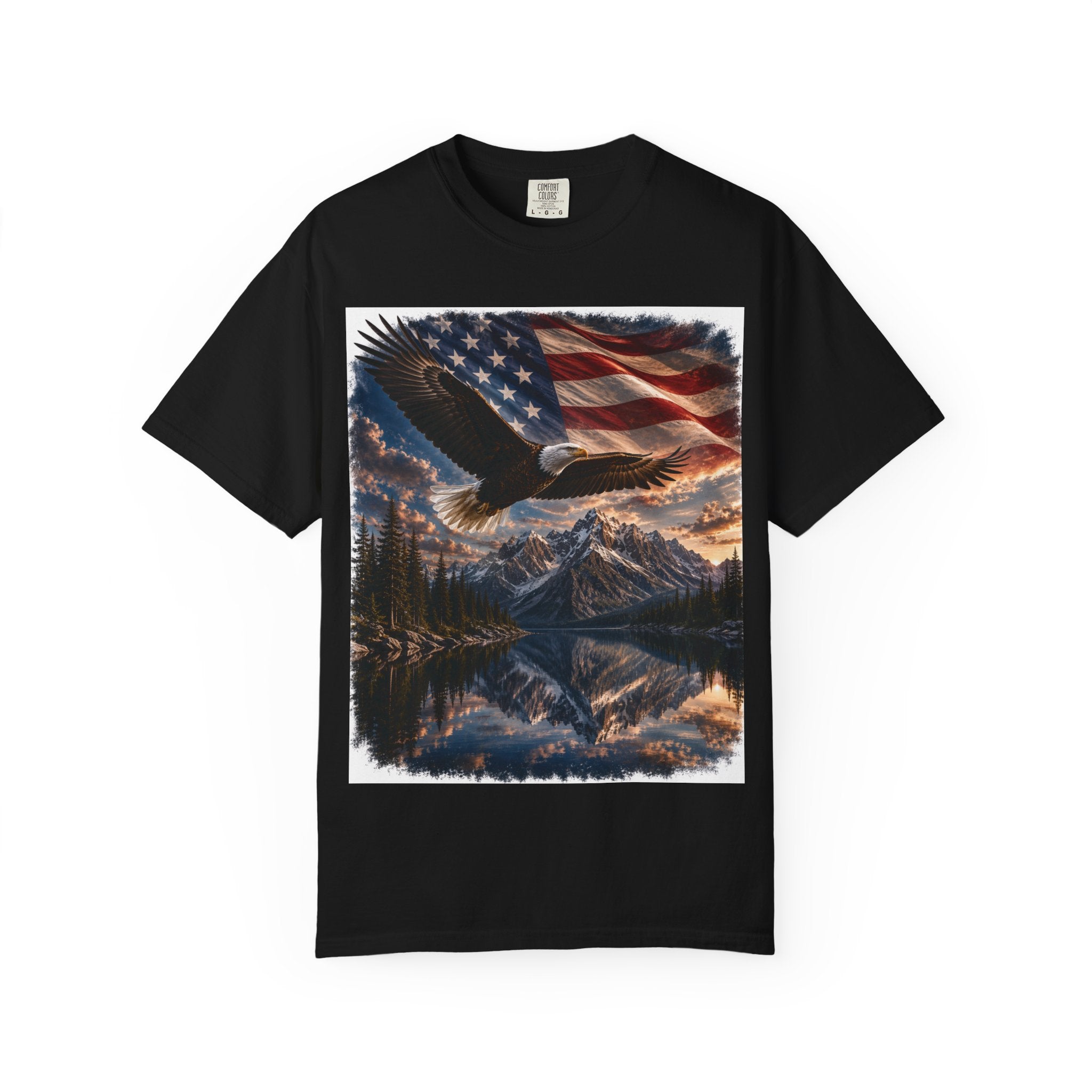 Bald Eagle Over Mountain Lake American Flag T-shirt | Patriotic Nature Scene