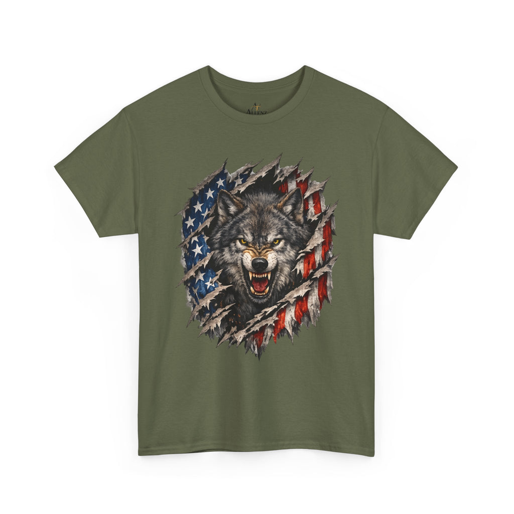 Unisex Heavy Cotton Tee - American flag with wolf face