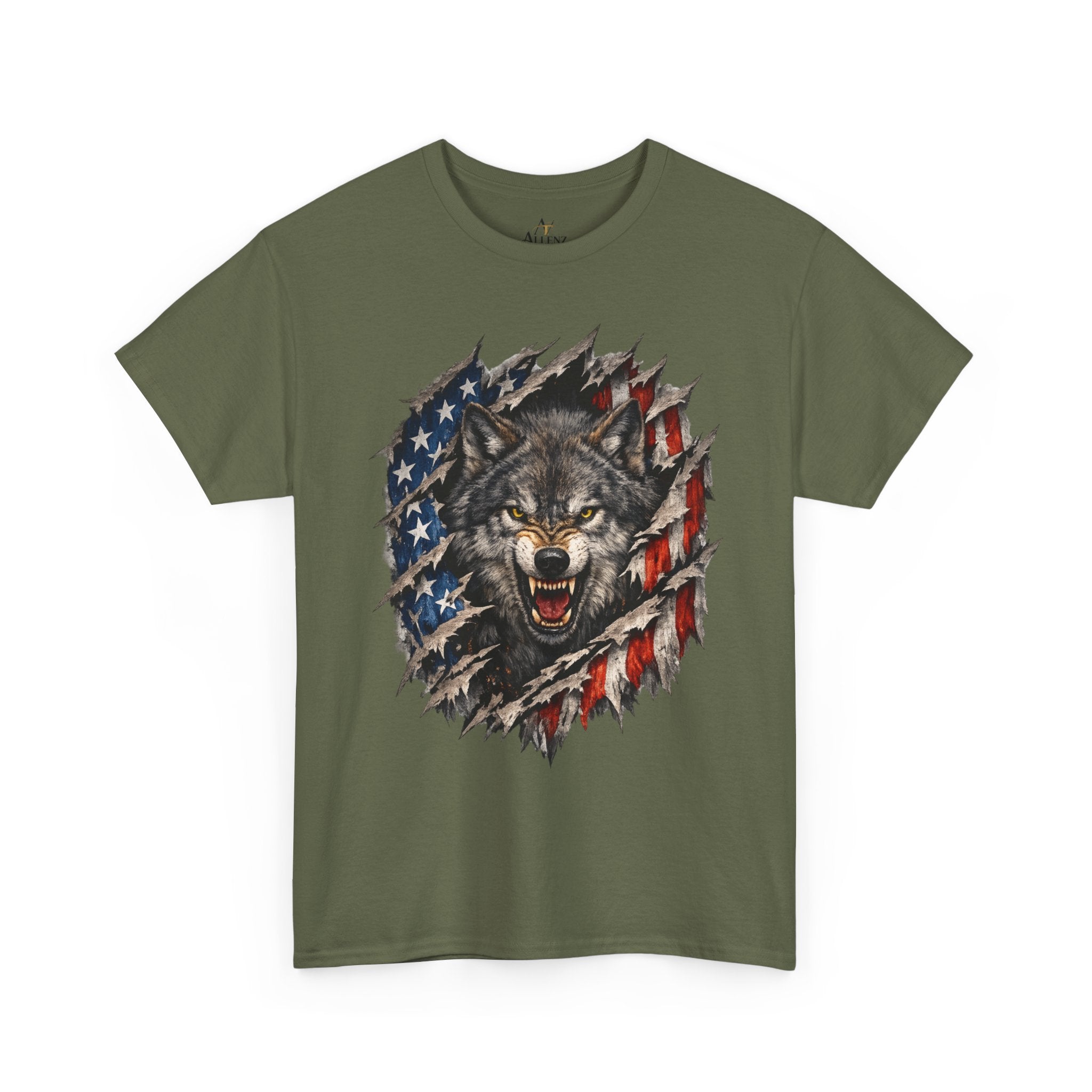 Unisex Heavy Cotton Tee - American flag with wolf face
